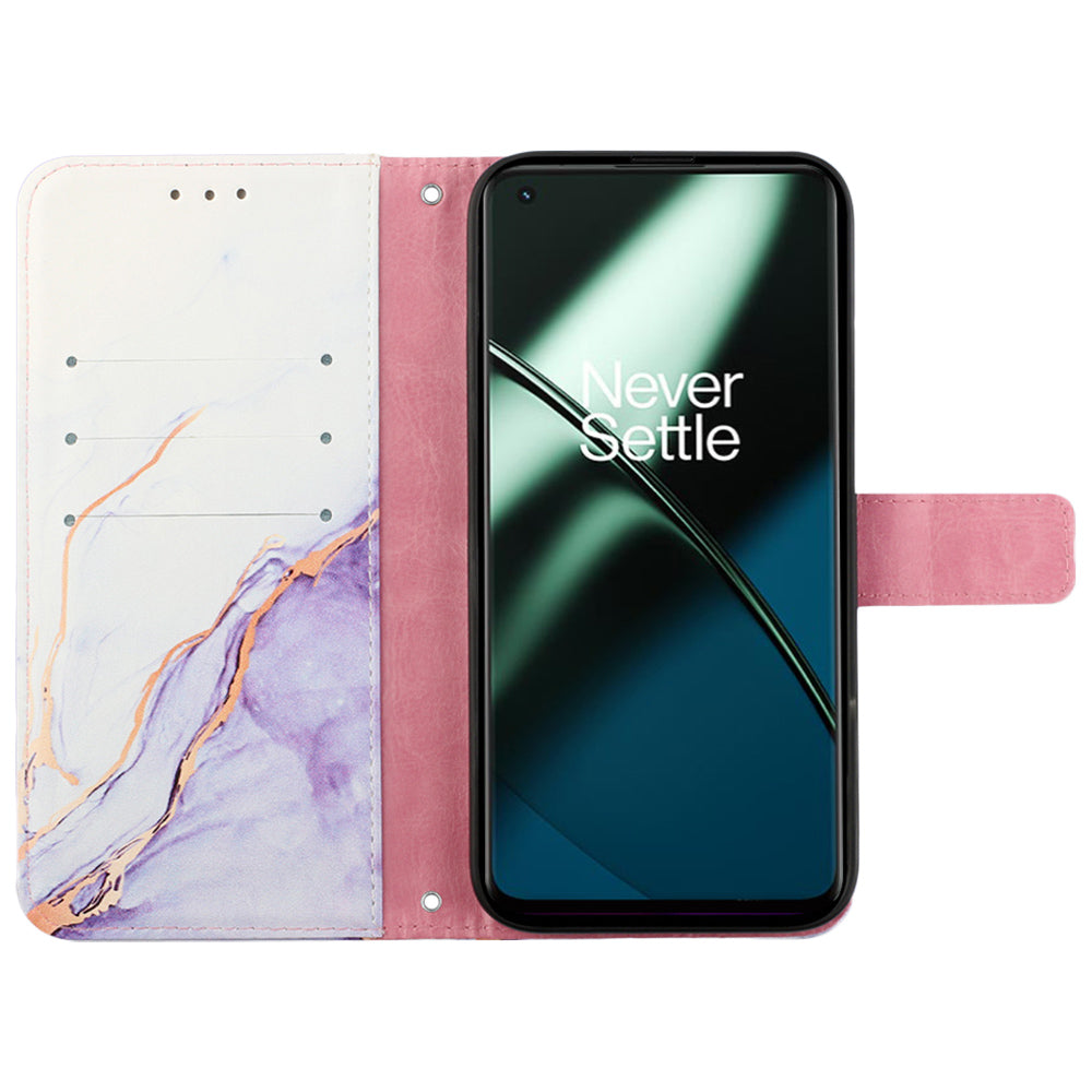 YB Pattern Printing Leather Series-5 For OnePlus 11 5G Marble Pattern Protective Cover Phone Case Wallet - White / Purple 006