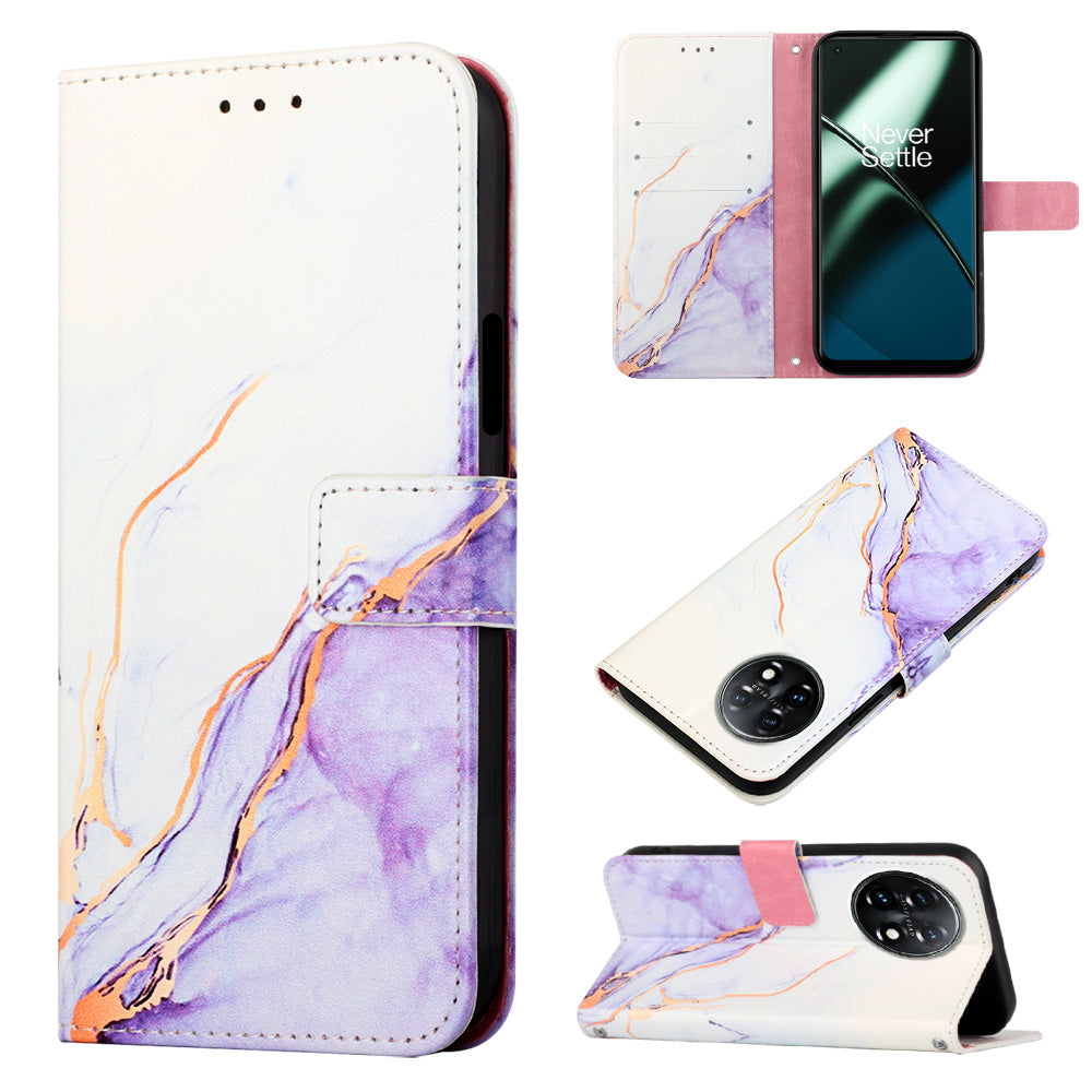 YB Pattern Printing Leather Series-5 For OnePlus 11 5G Marble Pattern Protective Cover Phone Case Wallet - White / Purple 006