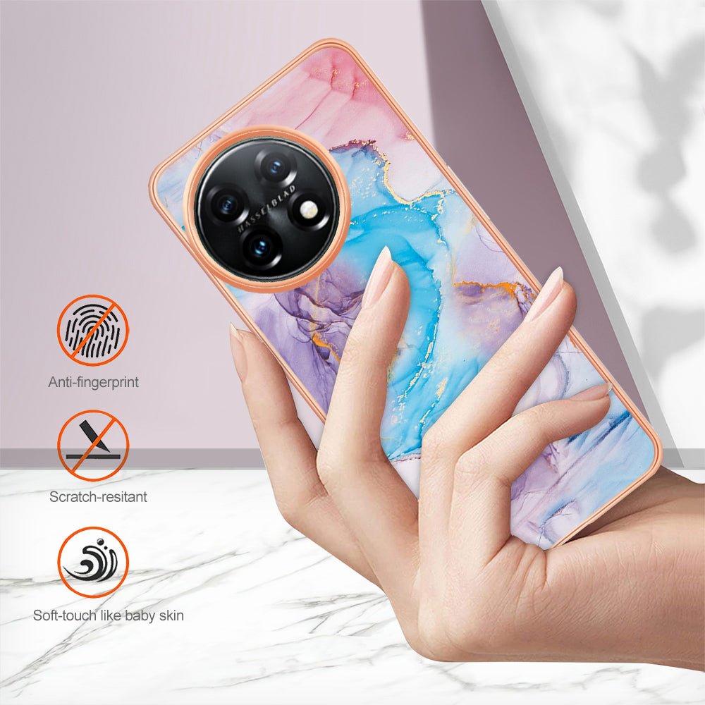 YB IMD Series-1 for OnePlus 11 5G Anti-Dust Phone Case Marble Floral Pattern Electroplating TPU IMD Cover - Milky Way Marble Blue