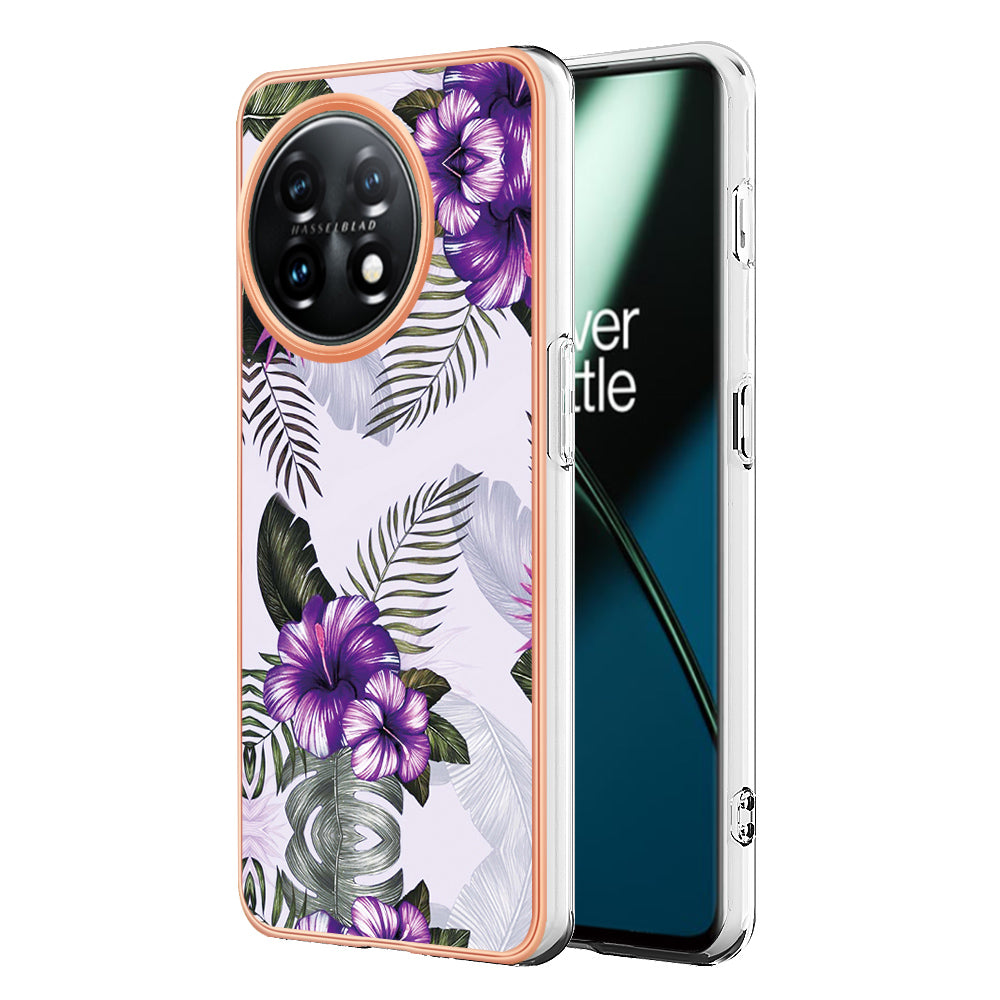 YB IMD Series-1 for OnePlus 11 5G Anti-Dust Phone Case Marble Floral Pattern Electroplating TPU IMD Cover - Purple Flower