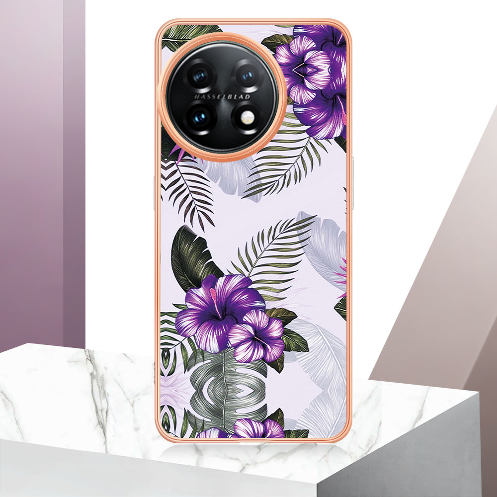 YB IMD Series-1 for OnePlus 11 5G Anti-Dust Phone Case Marble Floral Pattern Electroplating TPU IMD Cover - Purple Flower