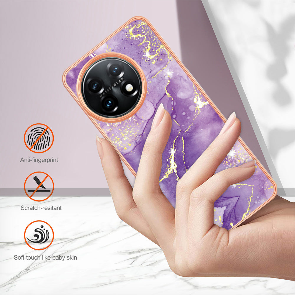 For OnePlus 11 5G YB IMD Series-2 Marble Pattern IMD TPU Case Electroplating Cell Phone Shell - Purple 002