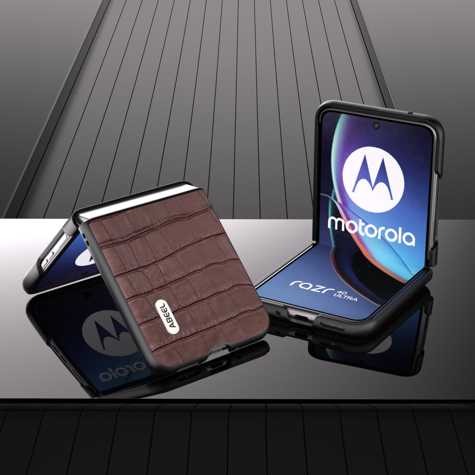 Uniqkart For Motorola Razr 40 Ultra 5G Phone Case Genuine Cow Leather Crocodile Texture Slim Phone Cover - Brown