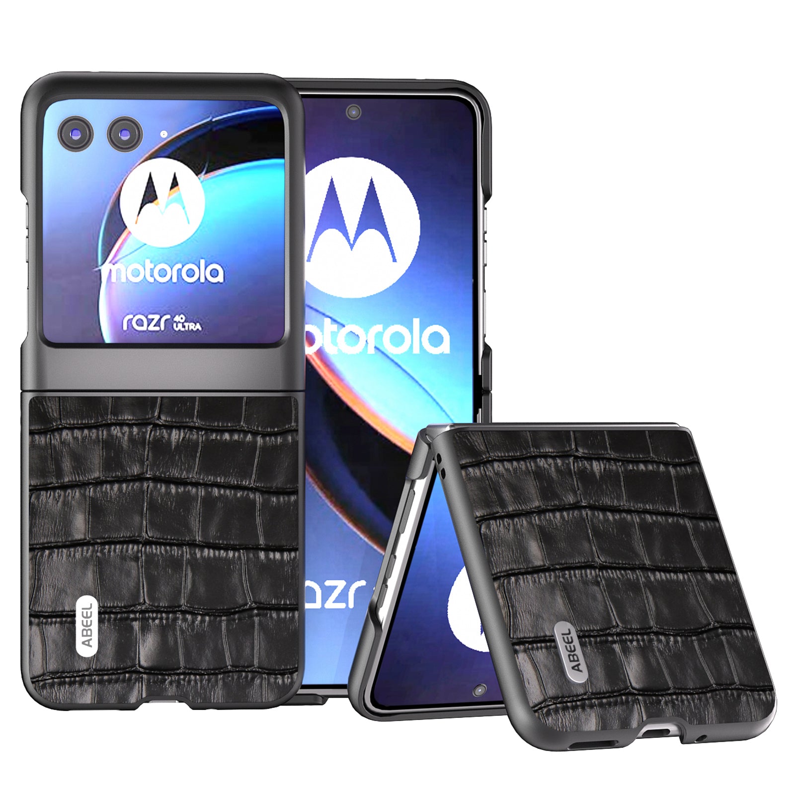 Uniqkart For Motorola Razr 40 Ultra 5G Phone Case Genuine Cow Leather Crocodile Texture Slim Phone Cover - Black