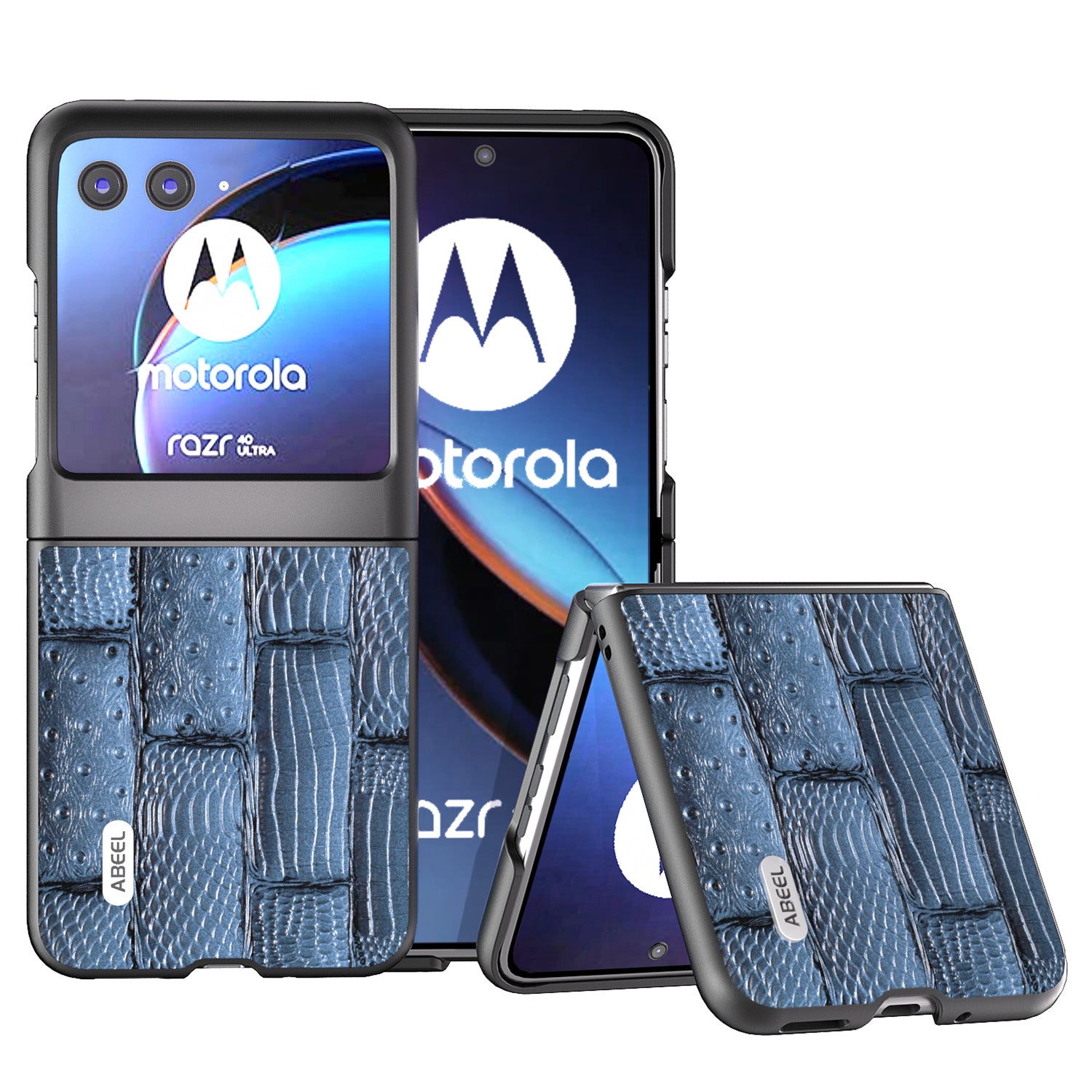 Uniqkart For Motorola Razr 40 Ultra 5G Mahjong Texture Phone Case Genuine Cow Leather+PC Ultra Slim Cover - Blue