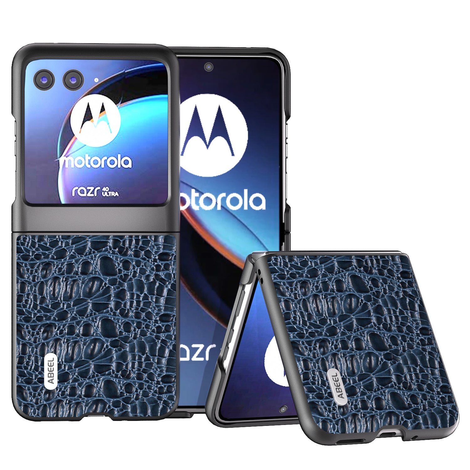 Uniqkart For Motorola Razr 40 Ultra 5G Shockproof Back Cover Genuine Cow Leather+PC Phone Case - Blue