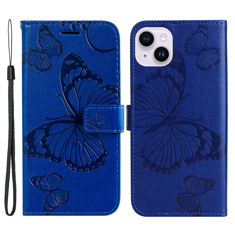 Uniqkart Flower Series for iPhone 15 Plus Phone Case Butterfly Imprint Leather Wallet Stand Anti-drop Cover - Blue