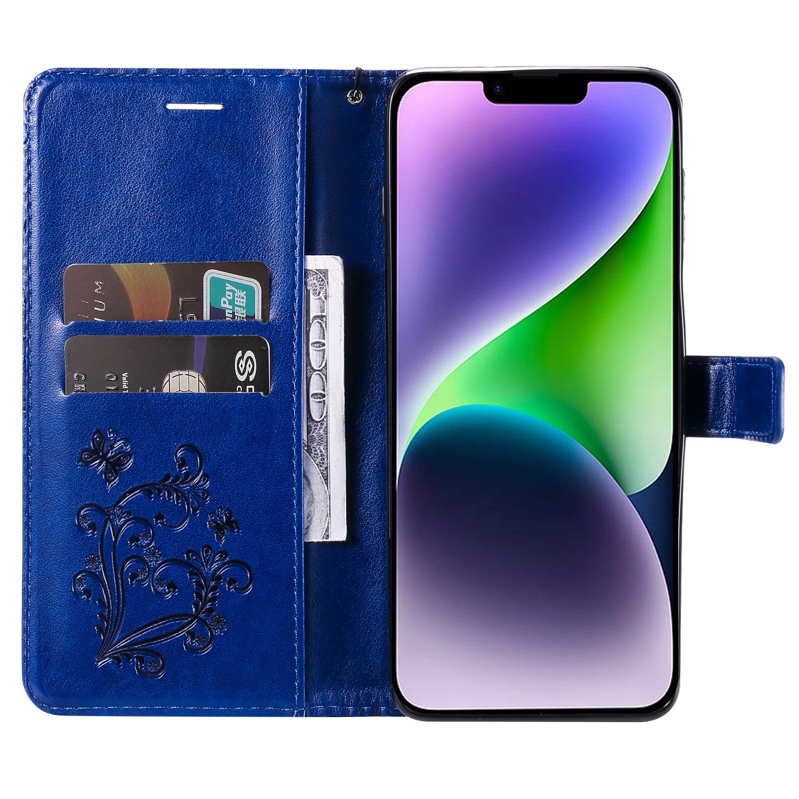 Uniqkart Flower Series for iPhone 15 Plus Phone Case Butterfly Imprint Leather Wallet Stand Anti-drop Cover - Blue