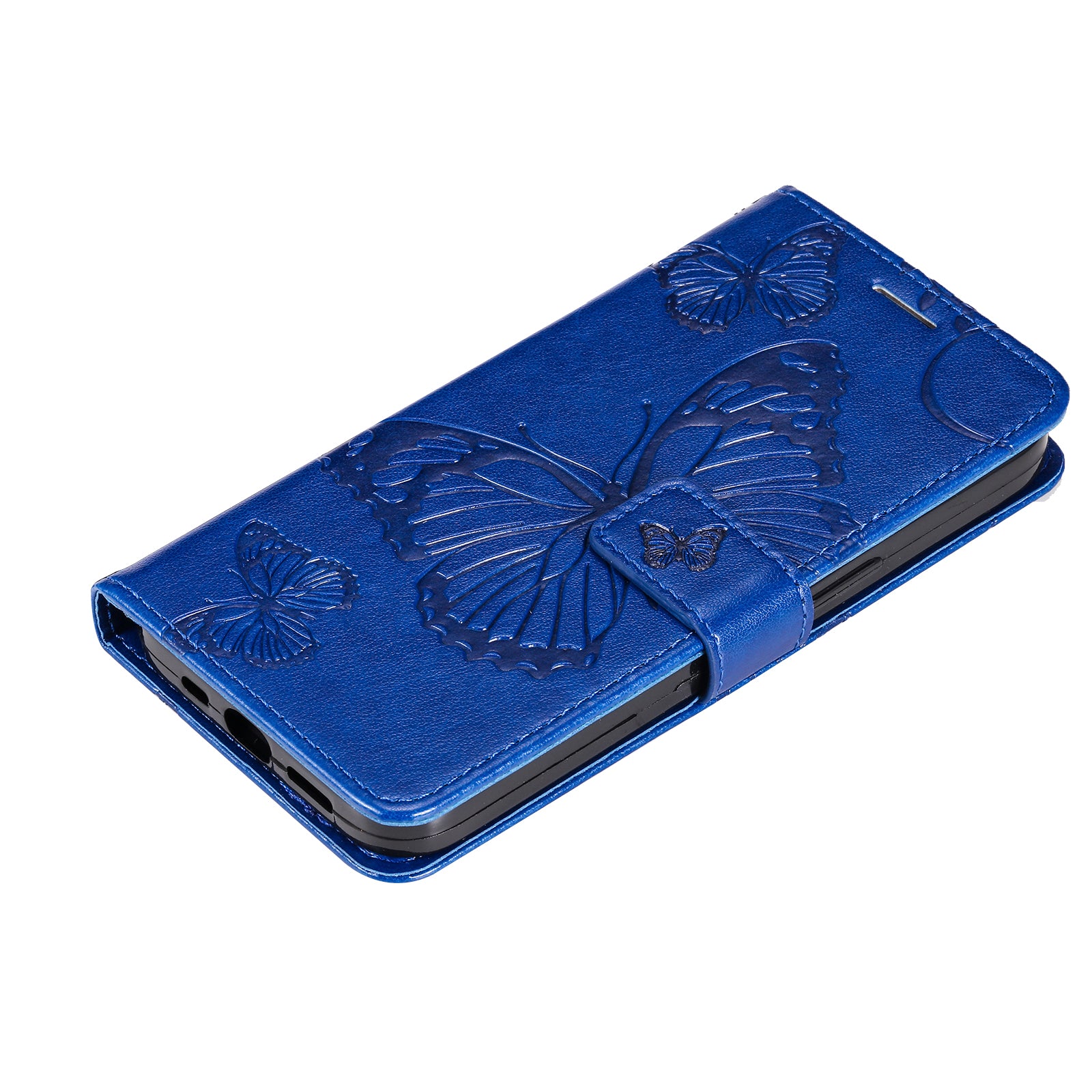 Uniqkart Flower Series for iPhone 15 Plus Phone Case Butterfly Imprint Leather Wallet Stand Anti-drop Cover - Blue