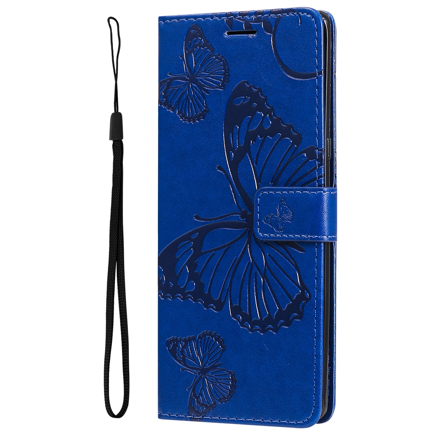 Uniqkart Flower Series for iPhone 15 Plus Phone Case Butterfly Imprint Leather Wallet Stand Anti-drop Cover - Blue