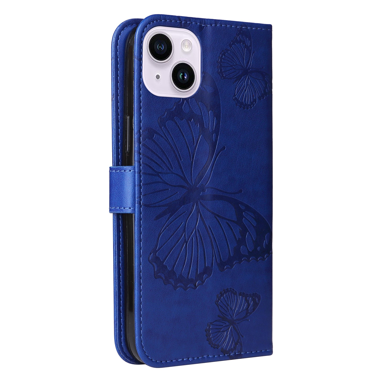 Uniqkart Flower Series for iPhone 15 Plus Phone Case Butterfly Imprint Leather Wallet Stand Anti-drop Cover - Blue