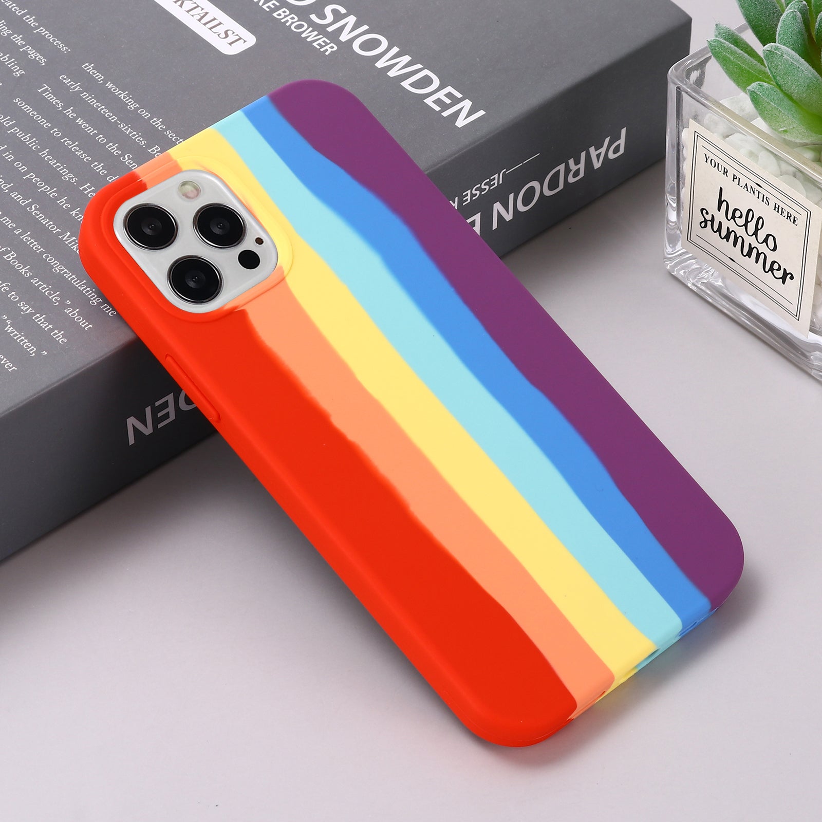 Uniqkart for iPhone 15 Pro Max Rainbow Rubberized Liquid Silicone+PC Anti-scratch Cover Fiber Lining Phone Case - Red