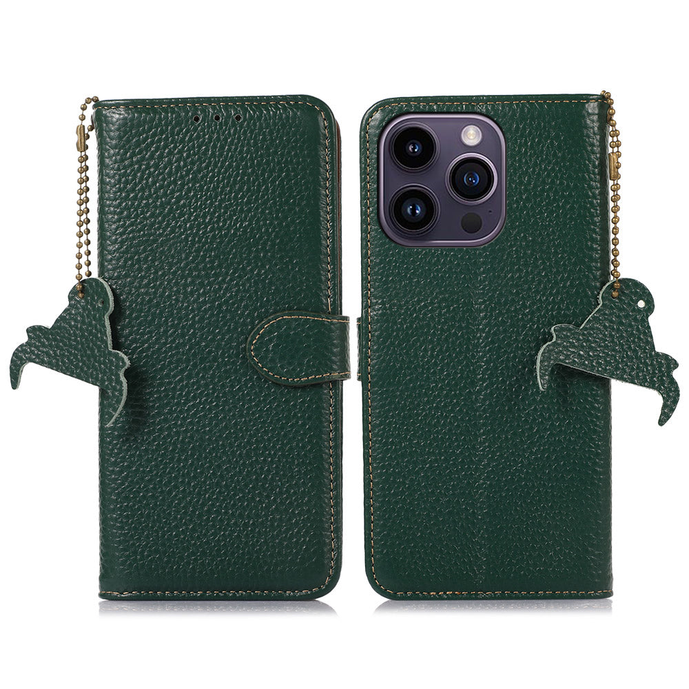 Wallet Phone Case for iPhone 15 Pro Max RFID Blocking Litchi Texture Genuine Cow Leather Flip Cover - Green