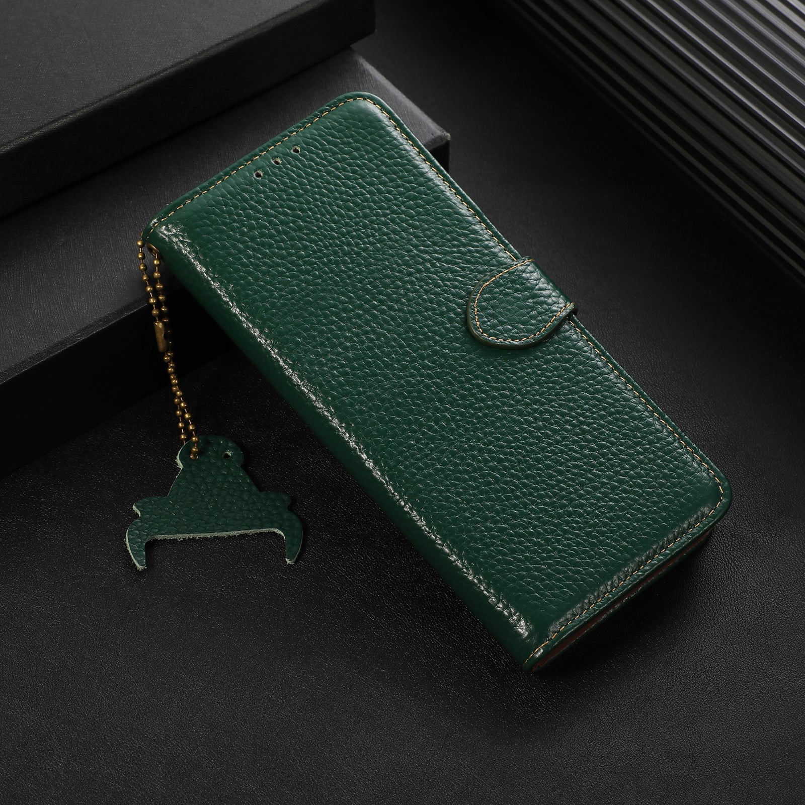 Wallet Phone Case for iPhone 15 Pro Max RFID Blocking Litchi Texture Genuine Cow Leather Flip Cover - Green