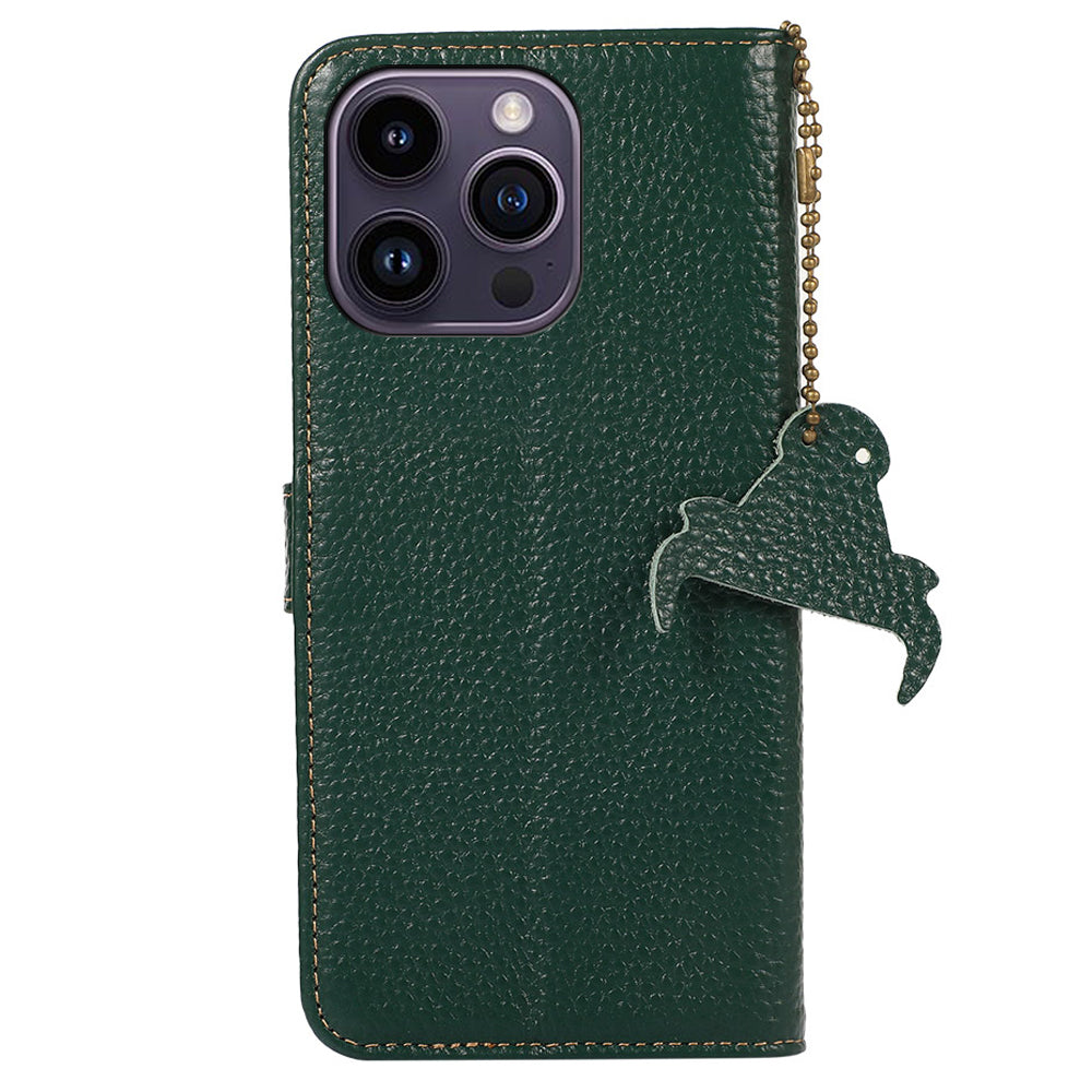 Wallet Phone Case for iPhone 15 Pro Max RFID Blocking Litchi Texture Genuine Cow Leather Flip Cover - Green