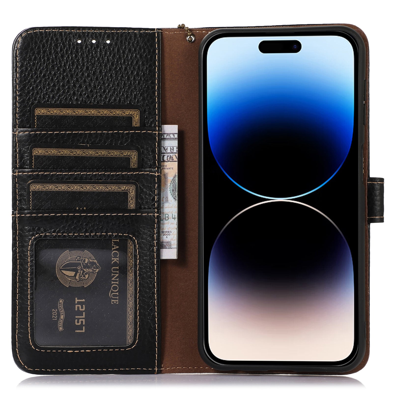 Wallet Phone Case for iPhone 15 Pro Max RFID Blocking Litchi Texture Genuine Cow Leather Flip Cover - Black