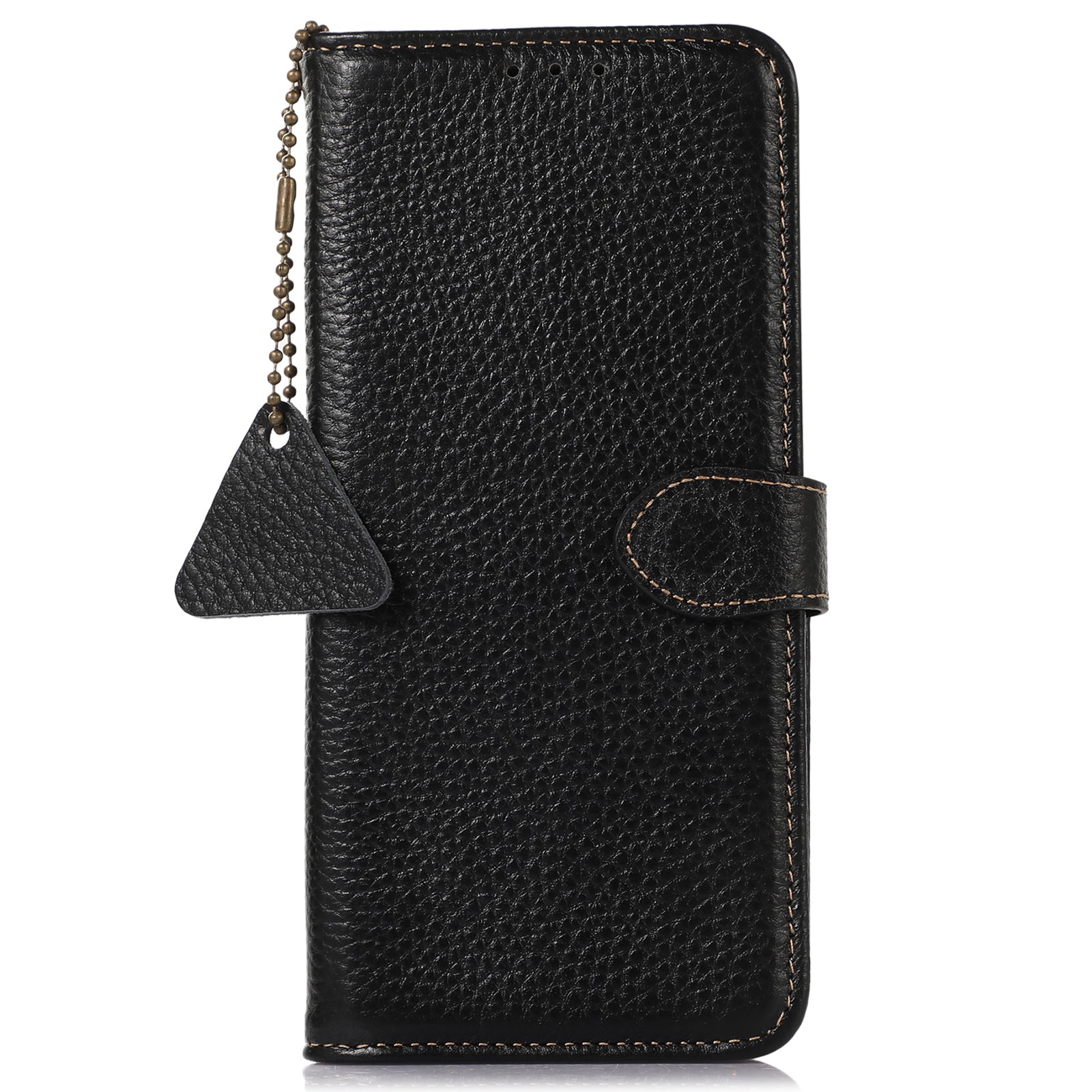 Wallet Phone Case for iPhone 15 Pro Max RFID Blocking Litchi Texture Genuine Cow Leather Flip Cover - Black