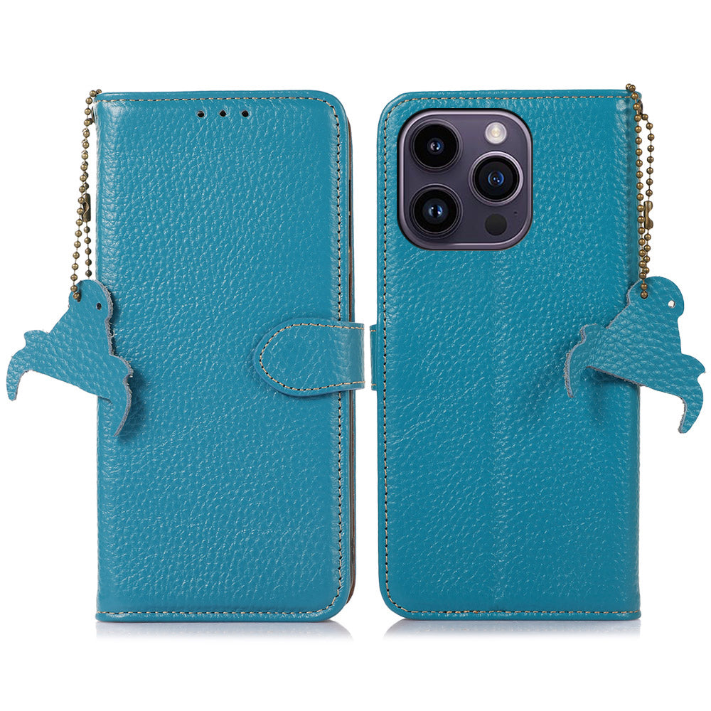 Wallet Phone Case for iPhone 15 Pro Max RFID Blocking Litchi Texture Genuine Cow Leather Flip Cover - Blue