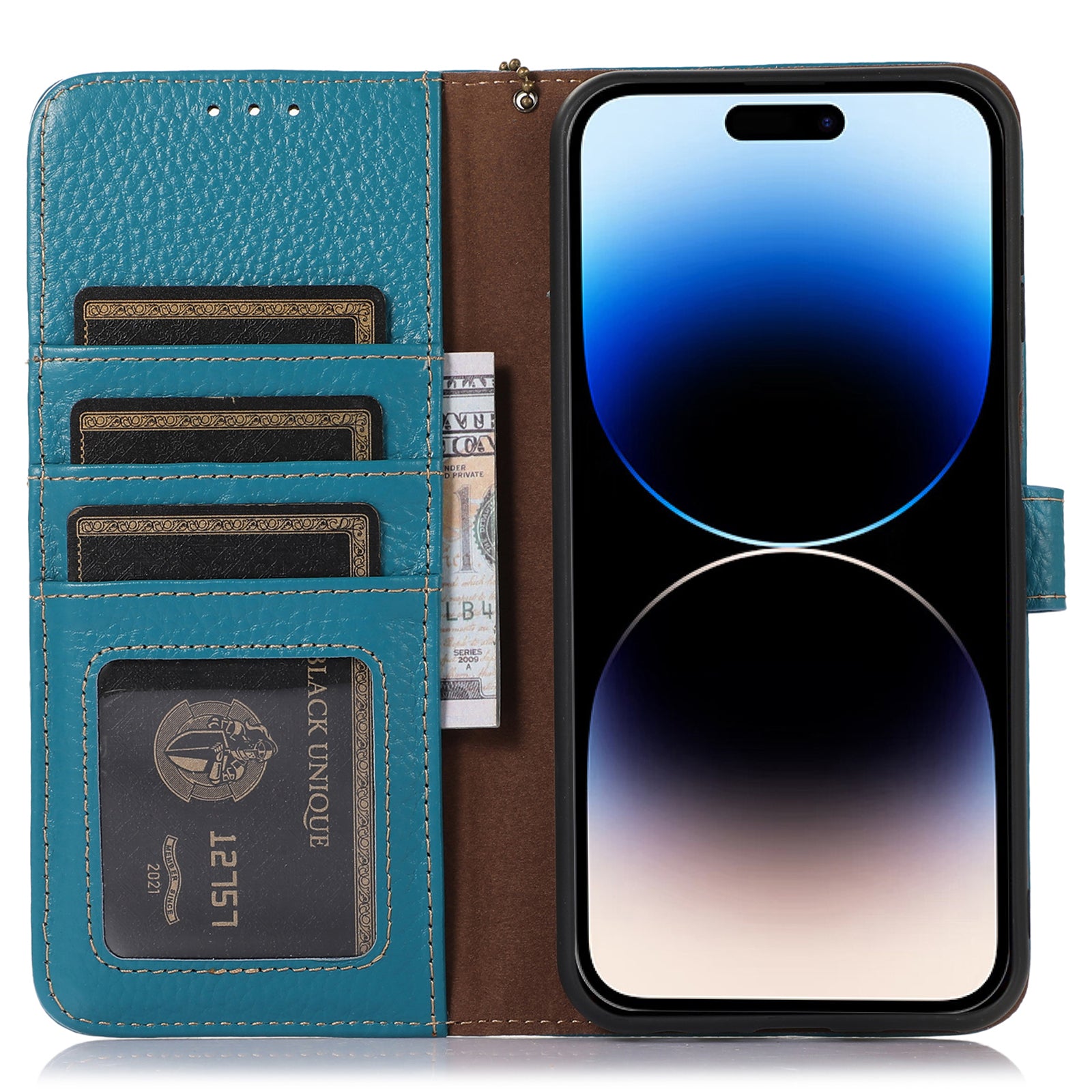 Wallet Phone Case for iPhone 15 Pro Max RFID Blocking Litchi Texture Genuine Cow Leather Flip Cover - Blue