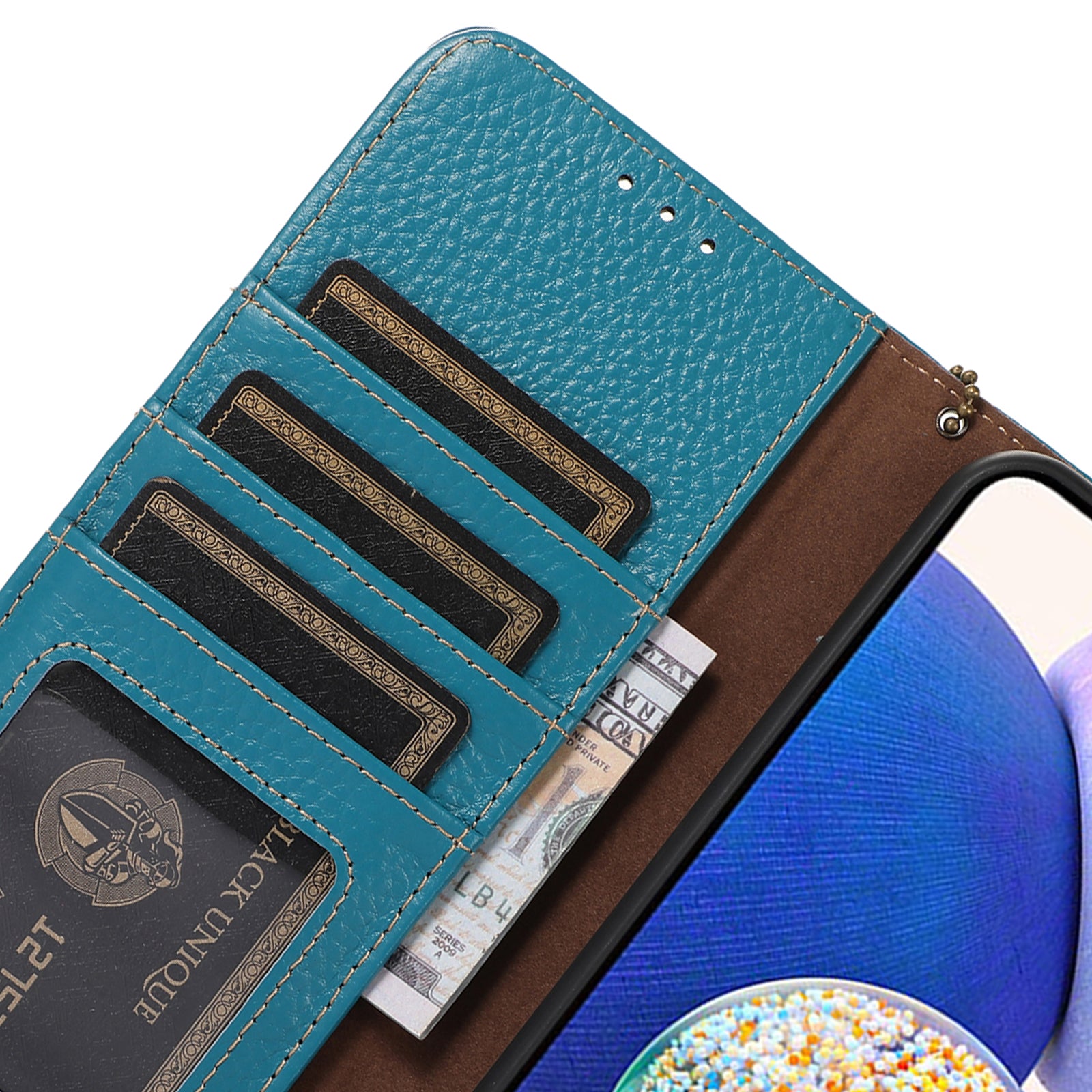 Wallet Phone Case for iPhone 15 Pro Max RFID Blocking Litchi Texture Genuine Cow Leather Flip Cover - Blue