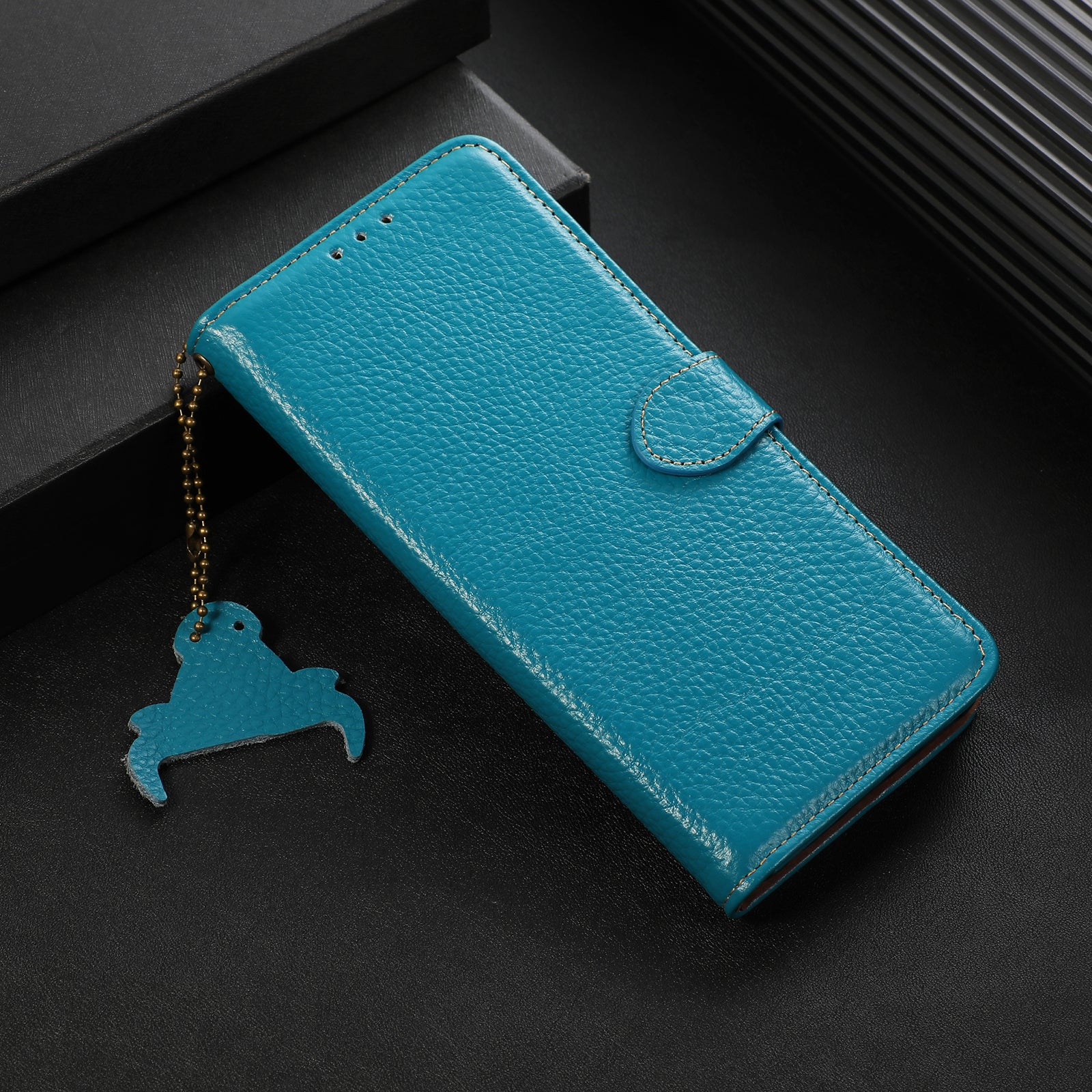 Wallet Phone Case for iPhone 15 Pro Max RFID Blocking Litchi Texture Genuine Cow Leather Flip Cover - Blue