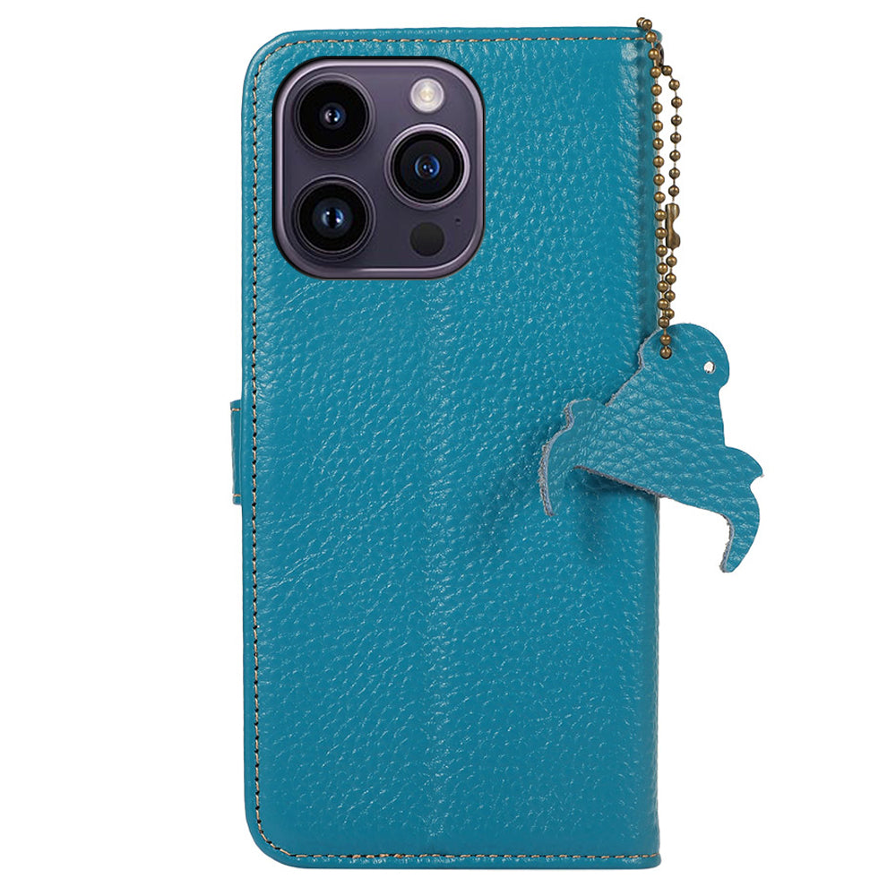 Wallet Phone Case for iPhone 15 Pro Max RFID Blocking Litchi Texture Genuine Cow Leather Flip Cover - Blue