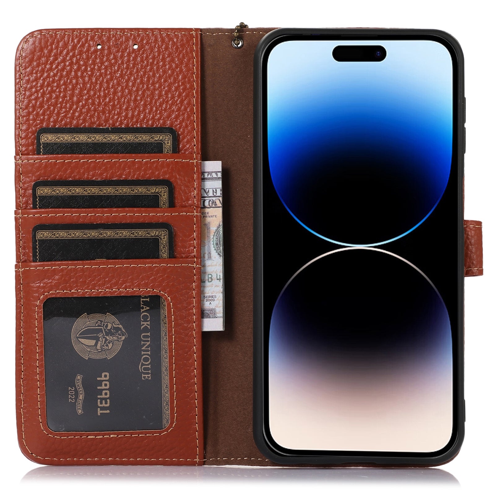 Wallet Phone Case for iPhone 15 Pro Max RFID Blocking Litchi Texture Genuine Cow Leather Flip Cover - Brown