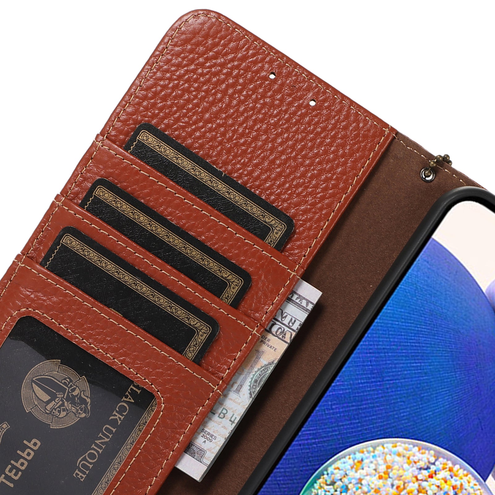 Wallet Phone Case for iPhone 15 Pro Max RFID Blocking Litchi Texture Genuine Cow Leather Flip Cover - Brown