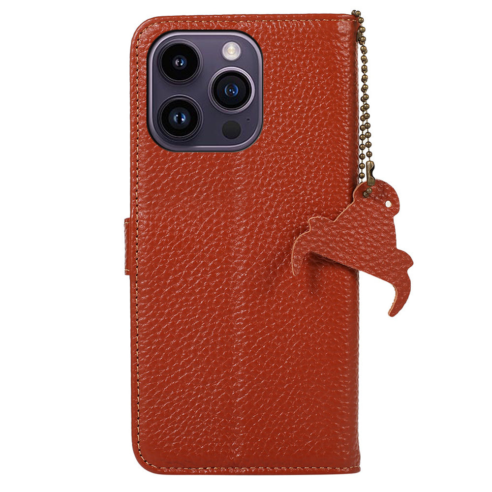 Wallet Phone Case for iPhone 15 Pro Max RFID Blocking Litchi Texture Genuine Cow Leather Flip Cover - Brown