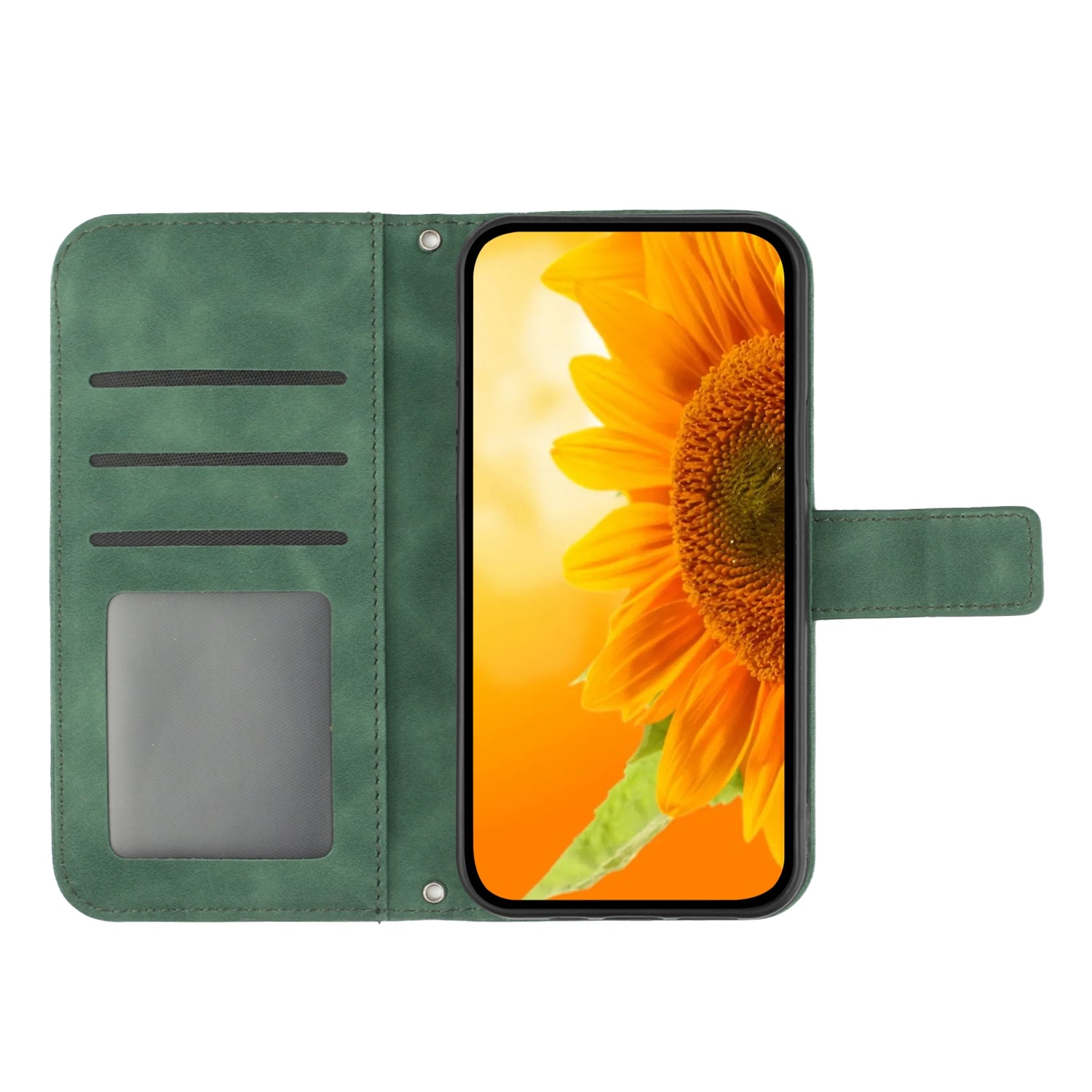 For iPhone 15 Skin-touch Phone Case Sunflower Pattern Stand Leather Wallet Cover with Hand Strap - Dark Green