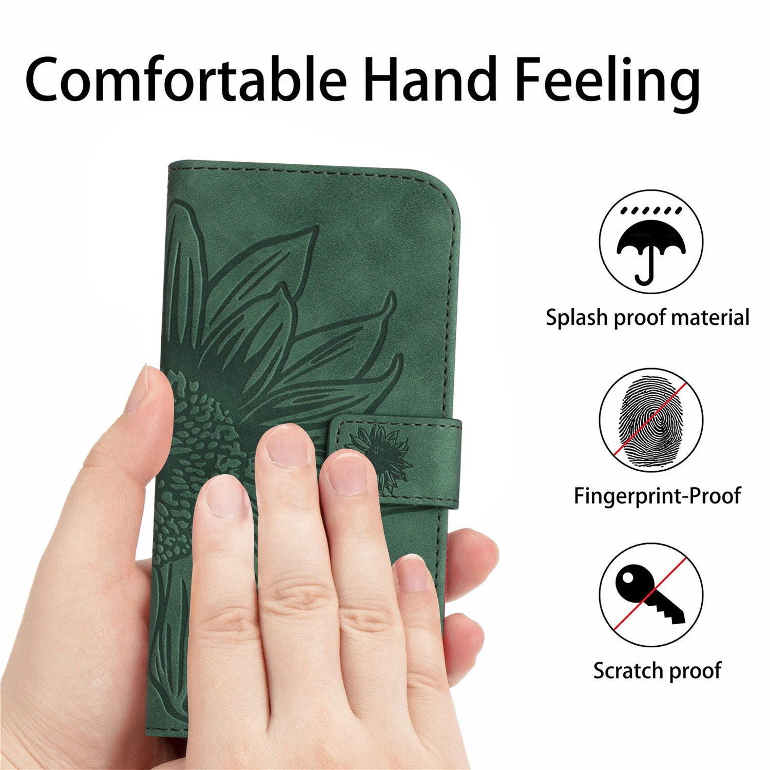 For iPhone 15 Skin-touch Phone Case Sunflower Pattern Stand Leather Wallet Cover with Hand Strap - Dark Green