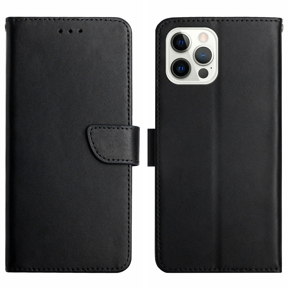 Wallet Stand Case for iPhone 15 Pro Max Genuine Cow Leather Nappa Texture Anti-drop Phone Cover - Black