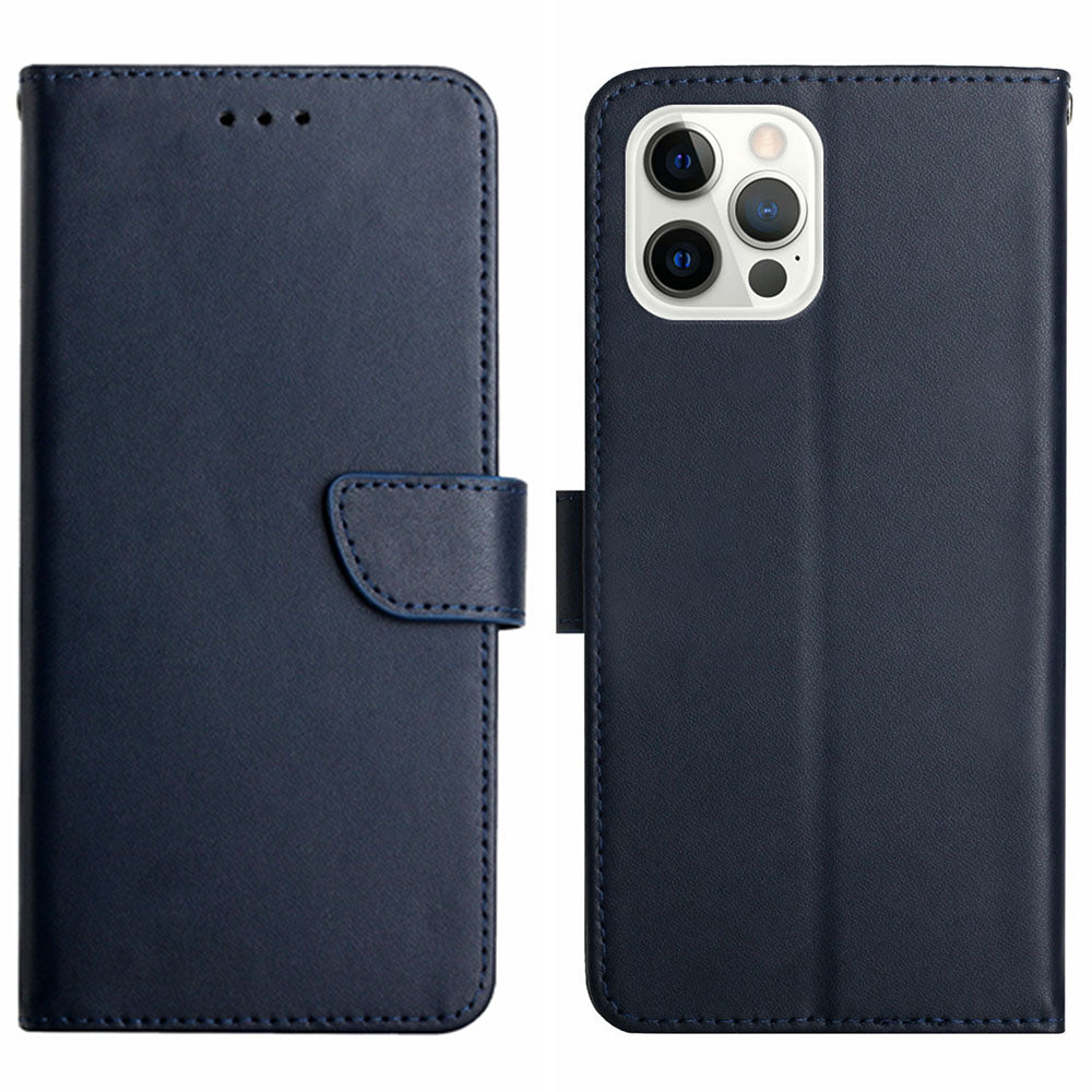 Wallet Stand Case for iPhone 15 Pro Max Genuine Cow Leather Nappa Texture Anti-drop Phone Cover - Blue