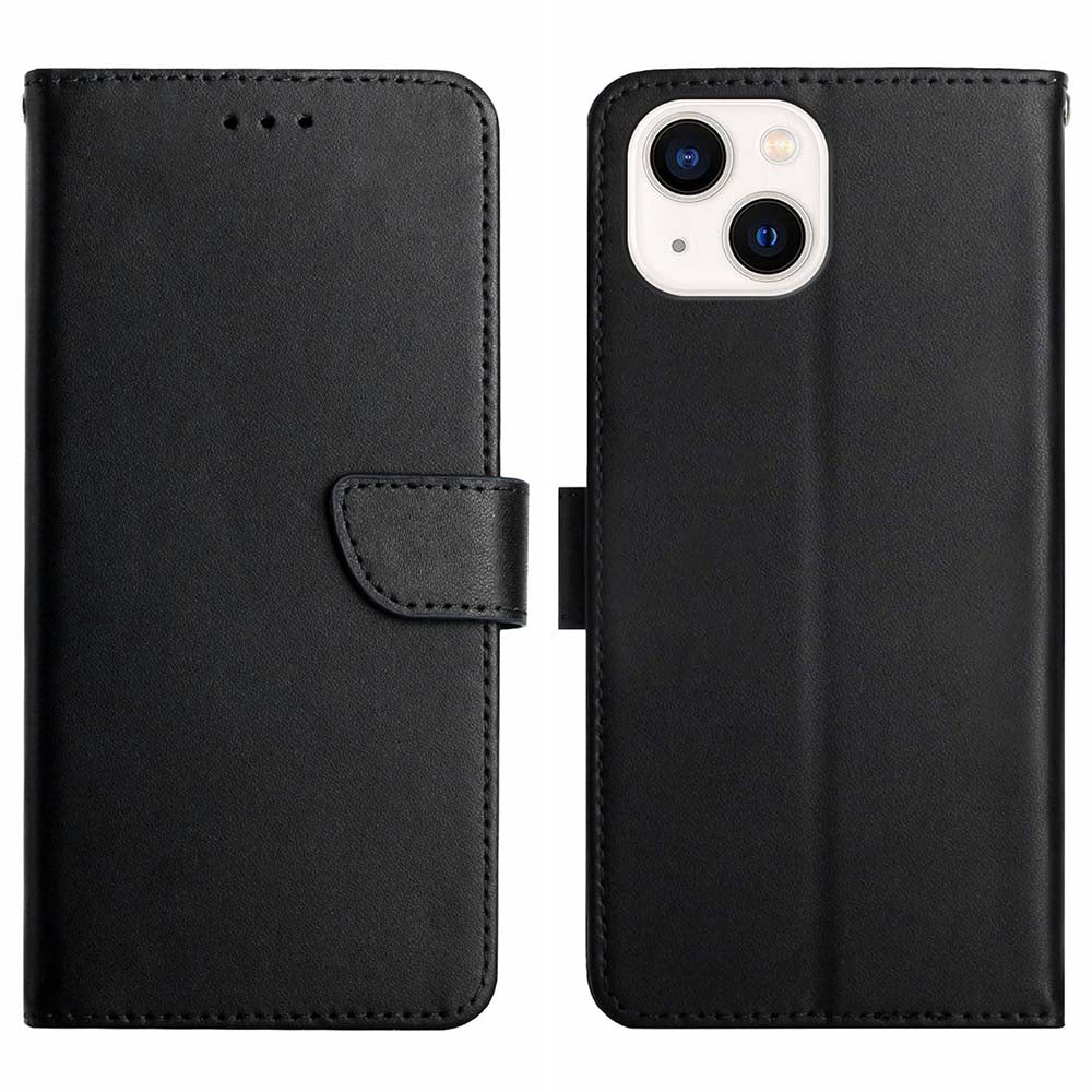 Wallet Stand Case for iPhone 15 Genuine Cow Leather Nappa Texture Shockproof Phone Cover - Black