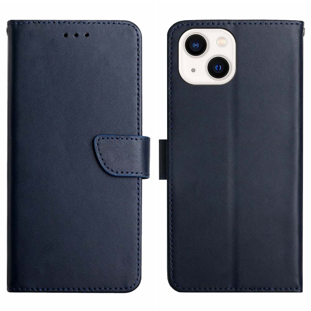 Wallet Stand Case for iPhone 15 Genuine Cow Leather Nappa Texture Shockproof Phone Cover - Blue