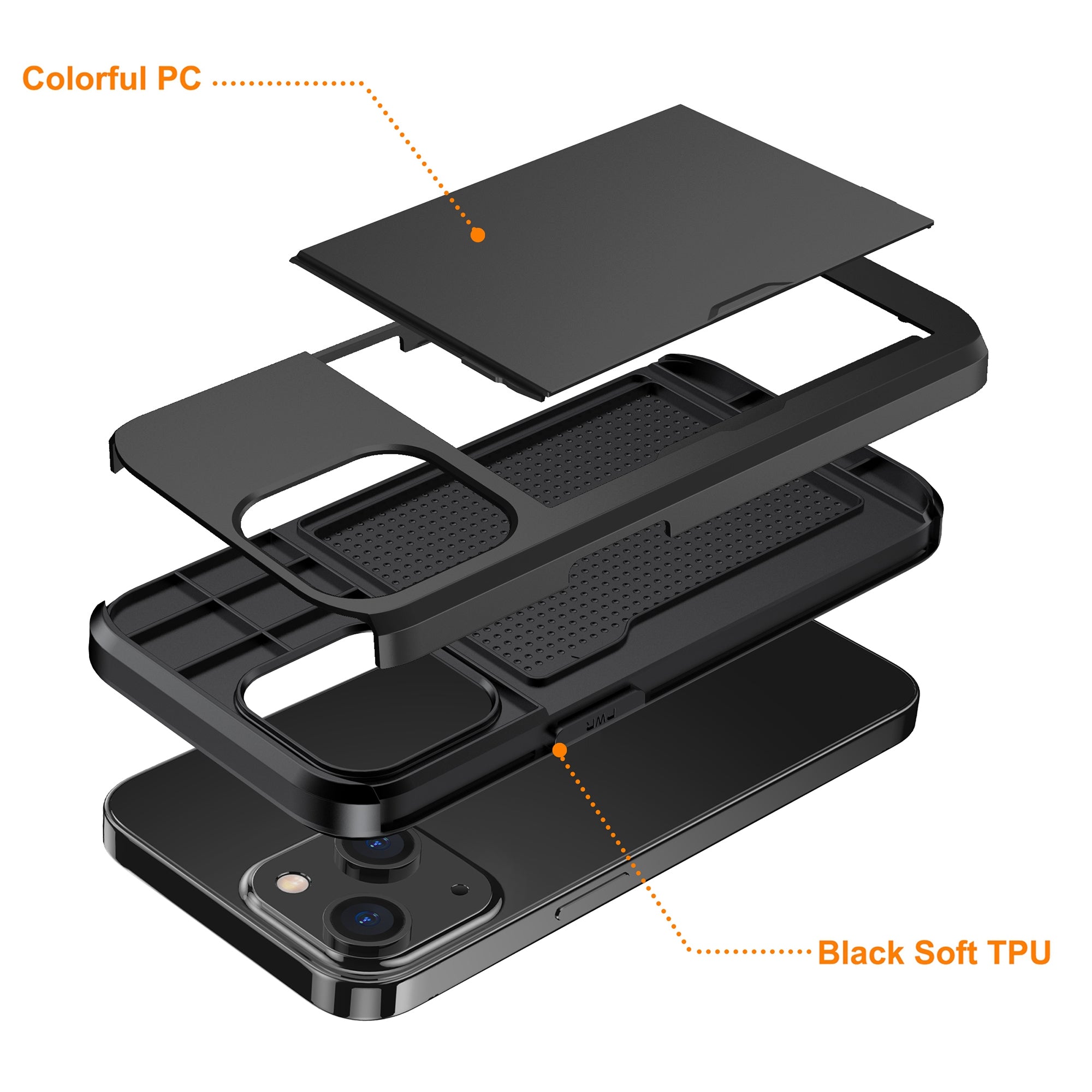 Card Holder Phone Case for iPhone 15 Plus , TPU + PC Dual Layer Anti-drop Phone Cover - Black