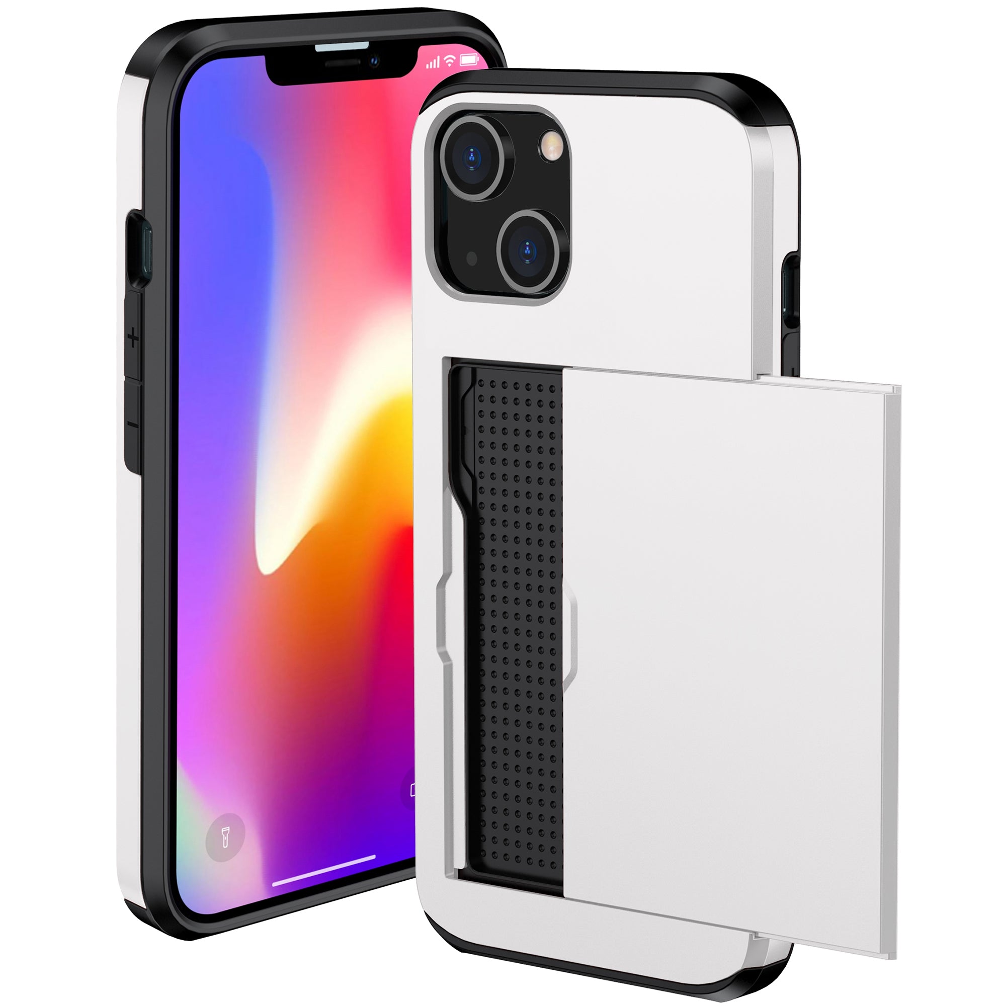 Slide Card Holder Protective Phone Case for iPhone 15 , TPU + PC Drop-proof Cell Phone Cover - White