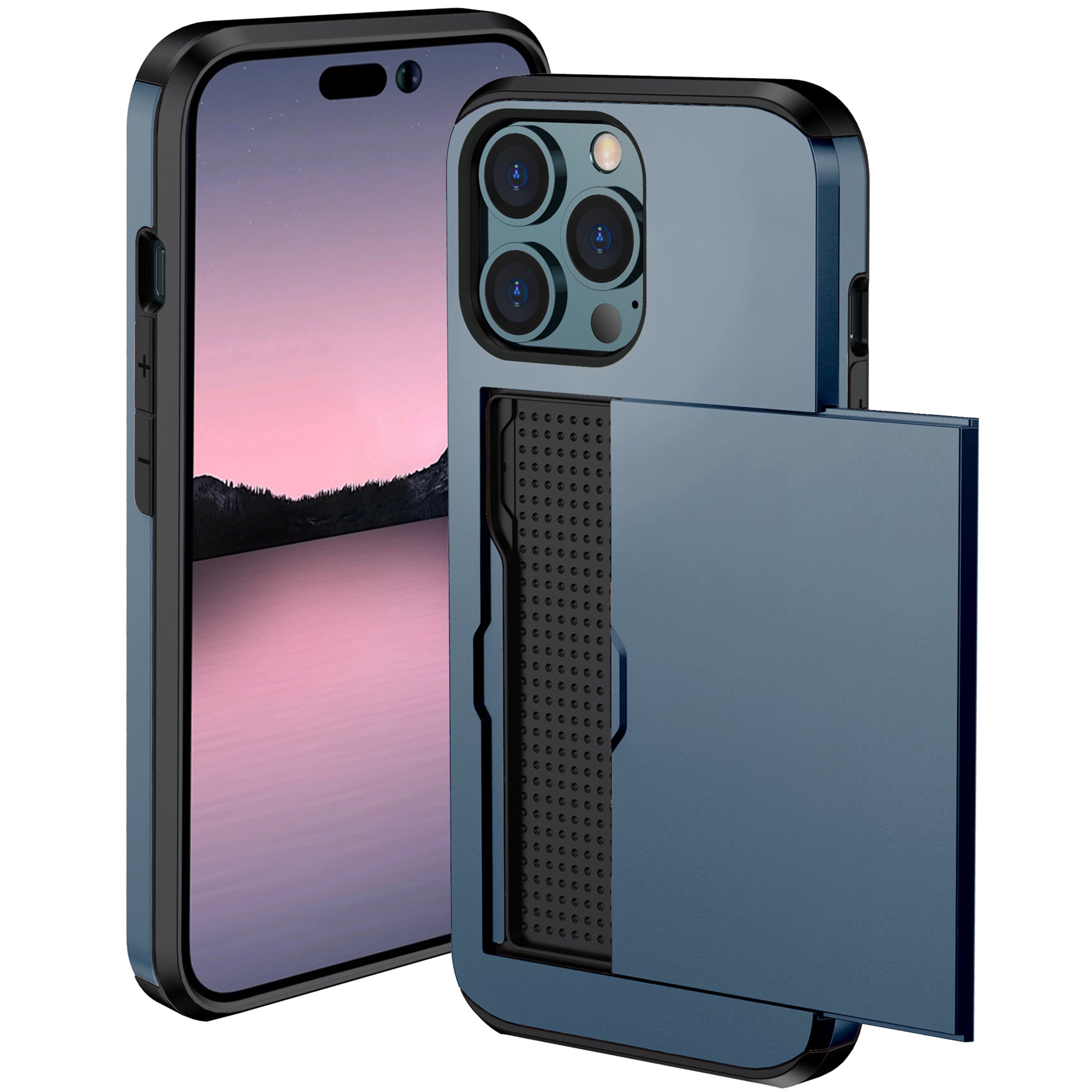 Phone Case with Slide Card Holder for iPhone 15 Pro Max , Anti-scratch TPU + PC Phone Cover - Navy Blue