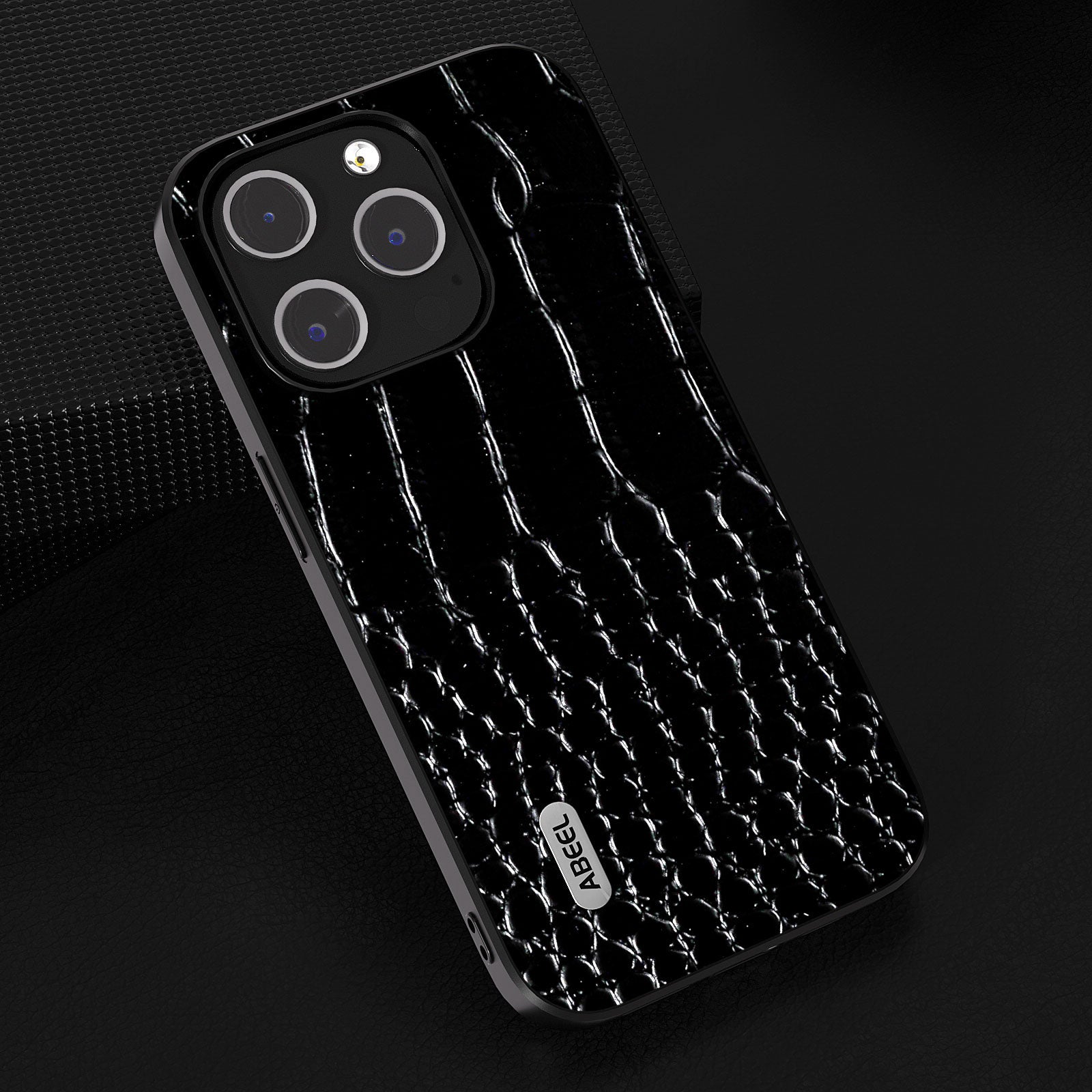 Uniqkart For 	iPhone 15 Pro Crocodile Texture Phone Case Genuine Cow Leather+PC+TPU Hybrid Cover - Black