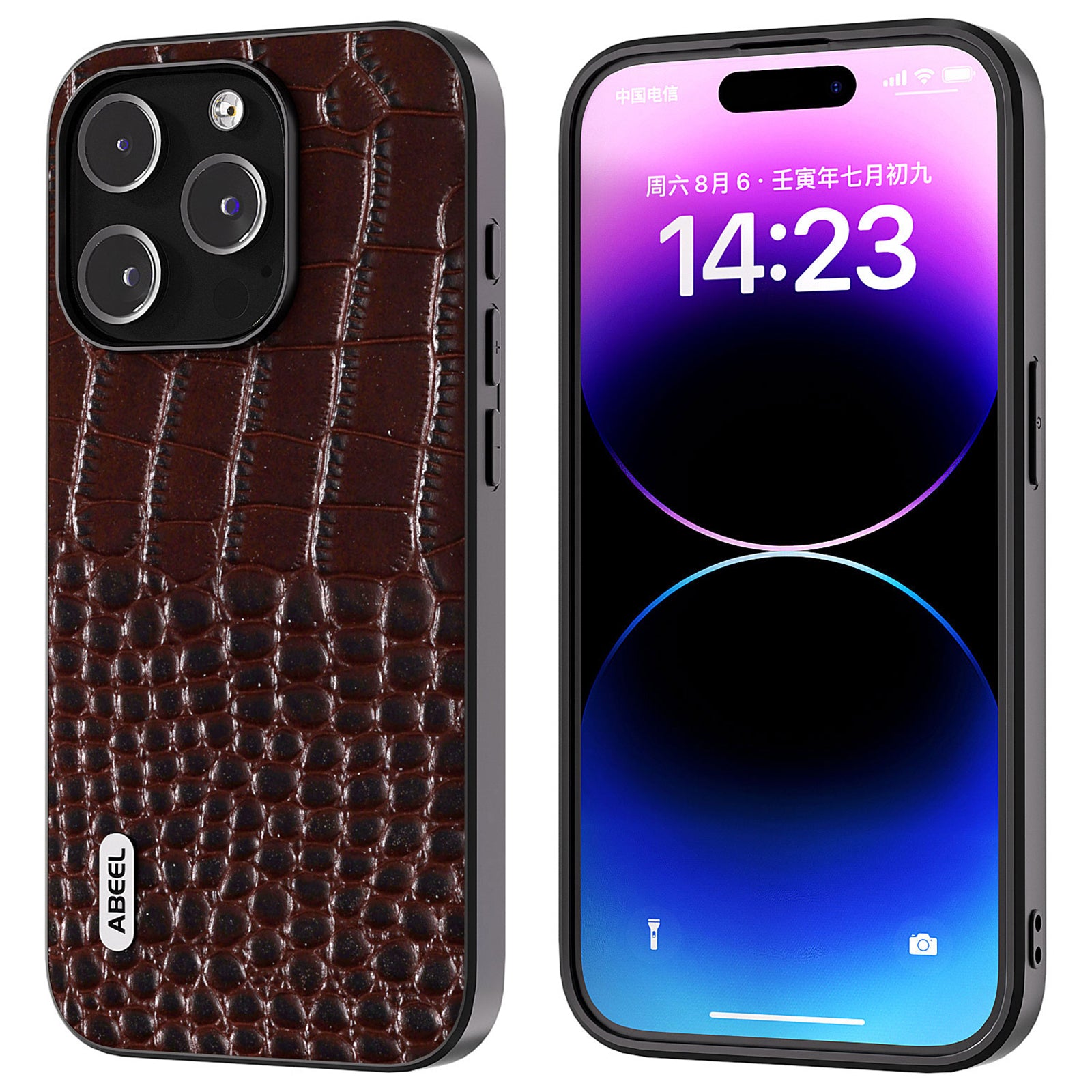 Uniqkart For 	iPhone 15 Pro Max Phone Case Genuine Cow Leather+PC+TPU Crocodile Texture Cover - Coffee