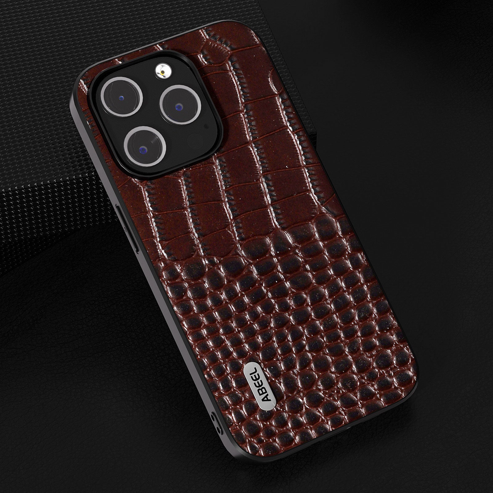 Uniqkart For 	iPhone 15 Pro Max Phone Case Genuine Cow Leather+PC+TPU Crocodile Texture Cover - Coffee