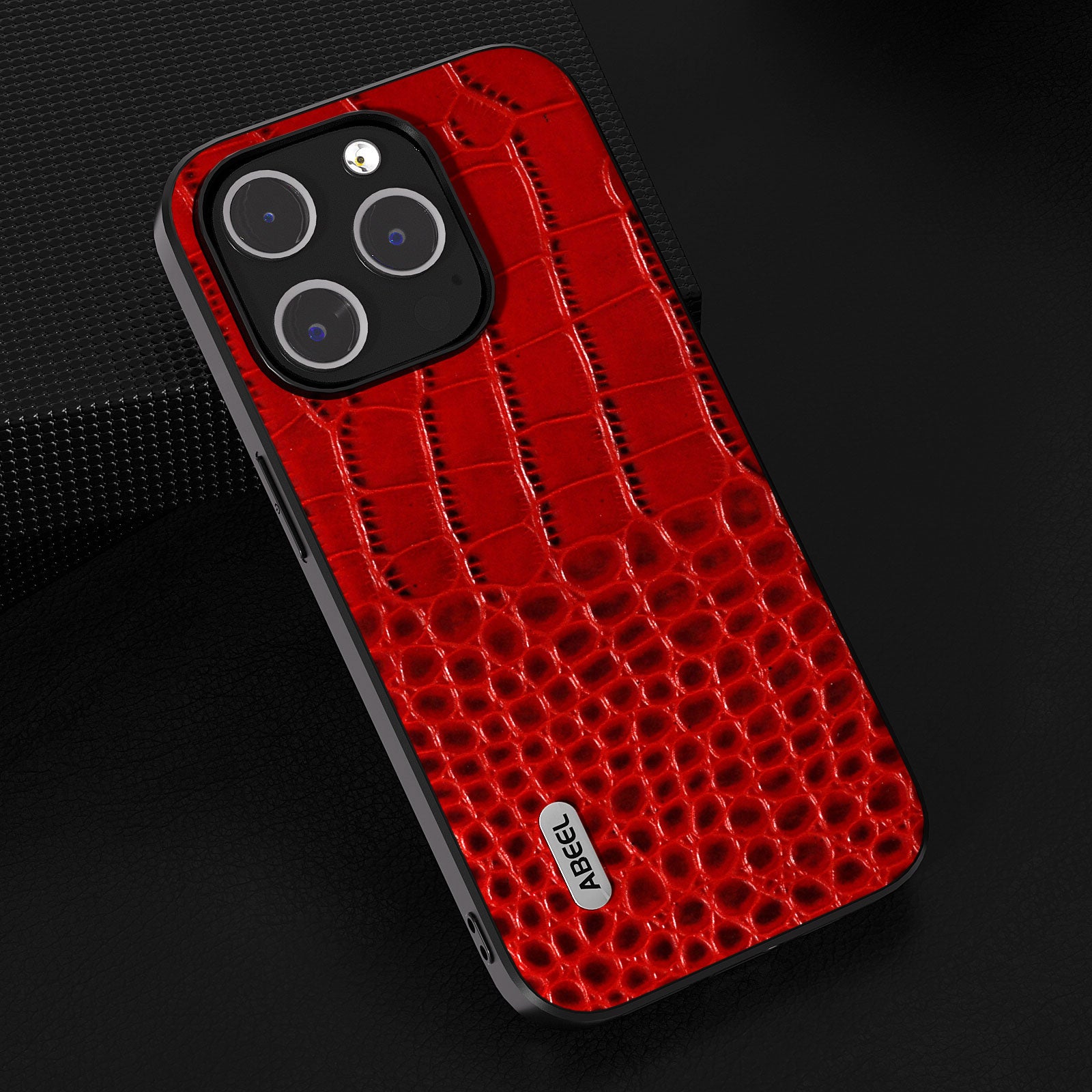 Uniqkart for 	iPhone 15 Pro Max Phone Case Genuine Cow Leather+PC+TPU Crocodile Texture Cover - Red