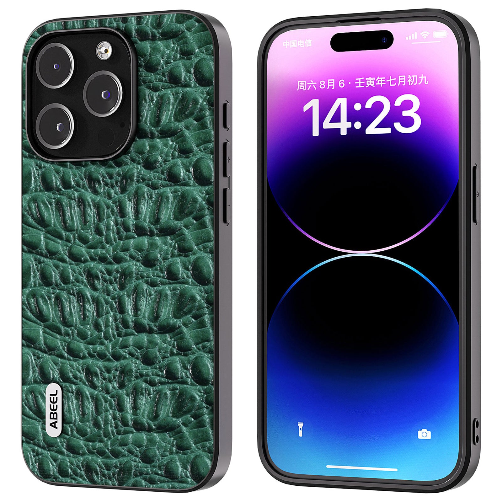 Uniqkart For iPhone 15 Pro Impact-Resistant Phone Case Genuine Cow Leather+PC+TPU Textured Cover - Green