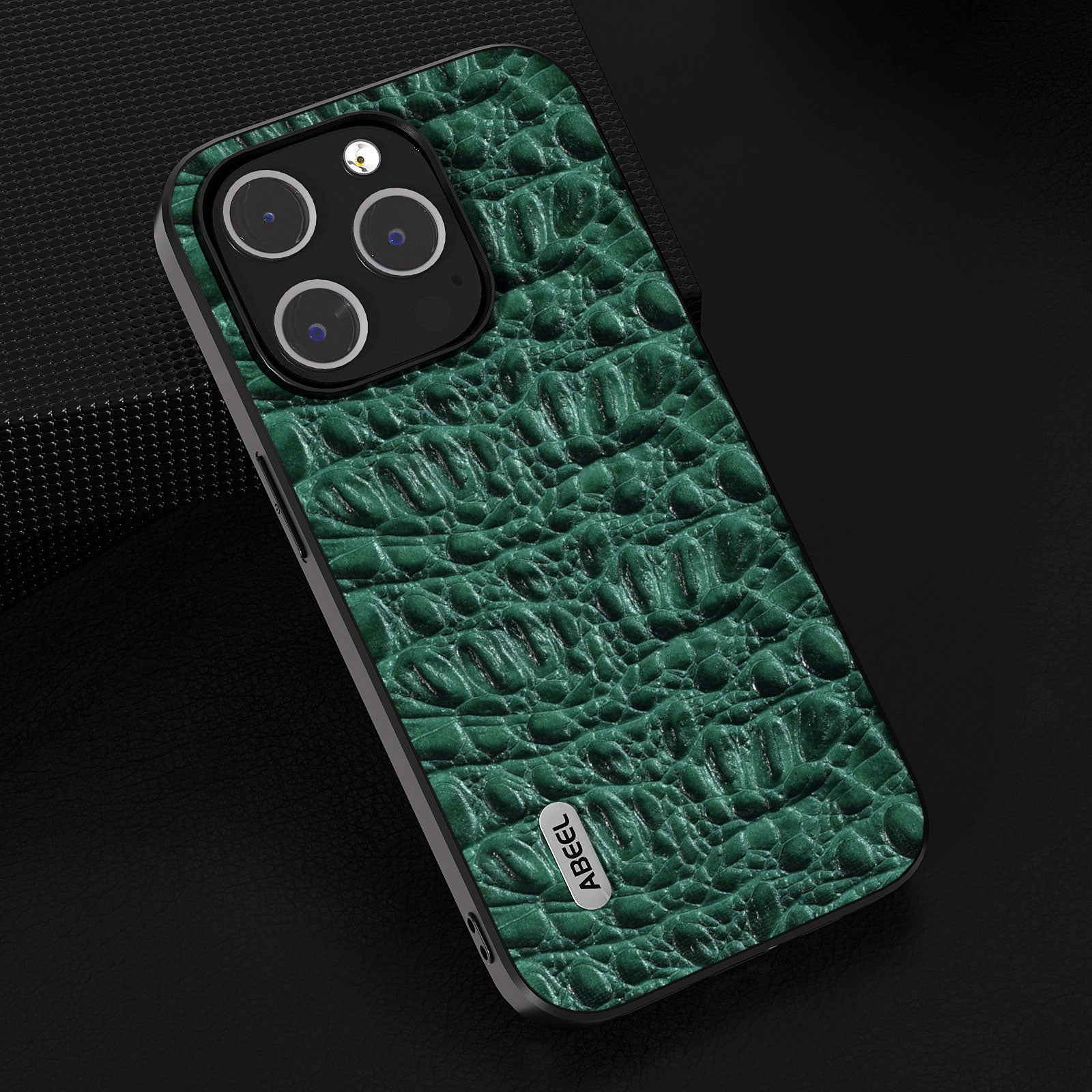 Uniqkart For iPhone 15 Pro Impact-Resistant Phone Case Genuine Cow Leather+PC+TPU Textured Cover - Green
