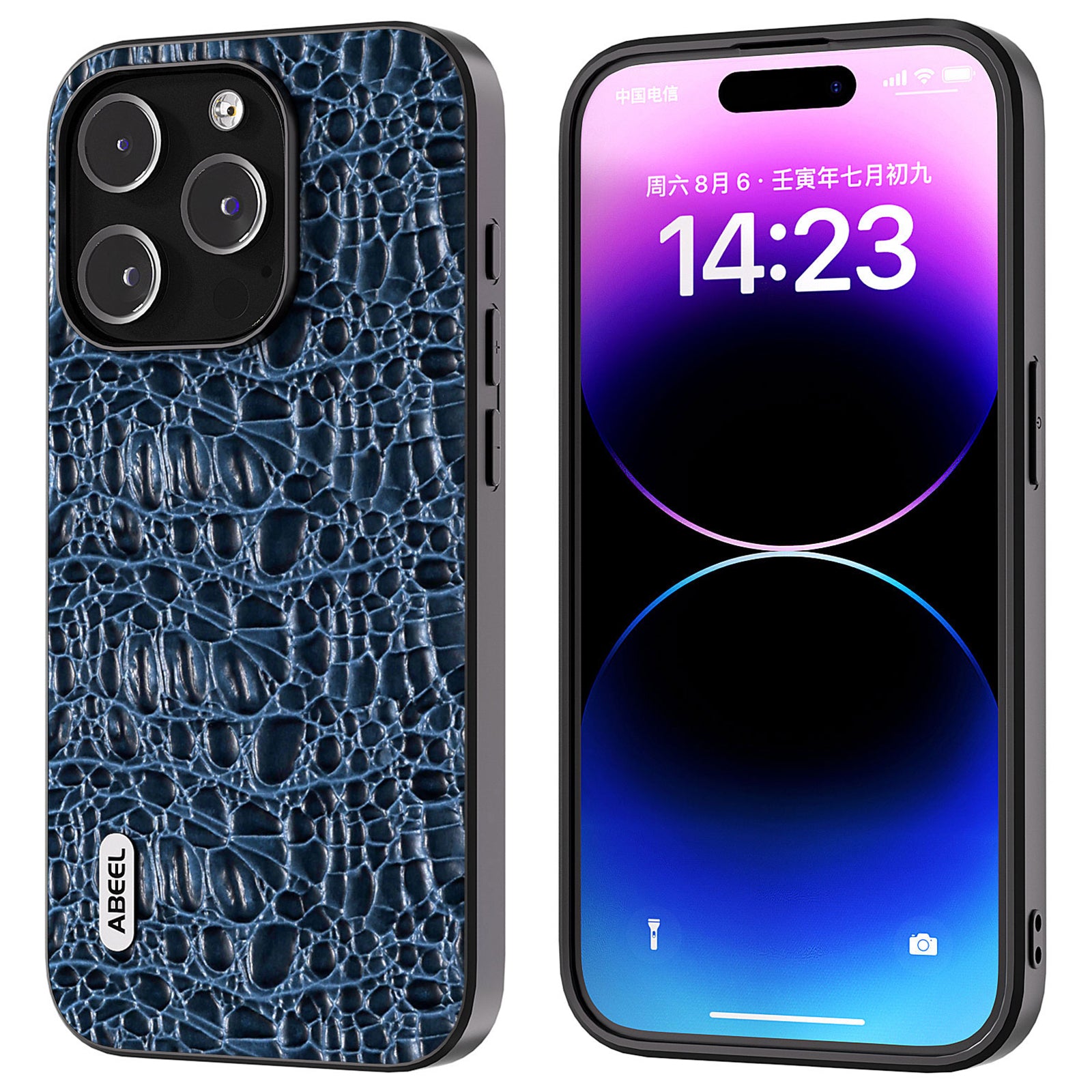 Uniqkart For iPhone 15 Pro Impact-Resistant Phone Case Genuine Cow Leather+PC+TPU Textured Cover - Blue