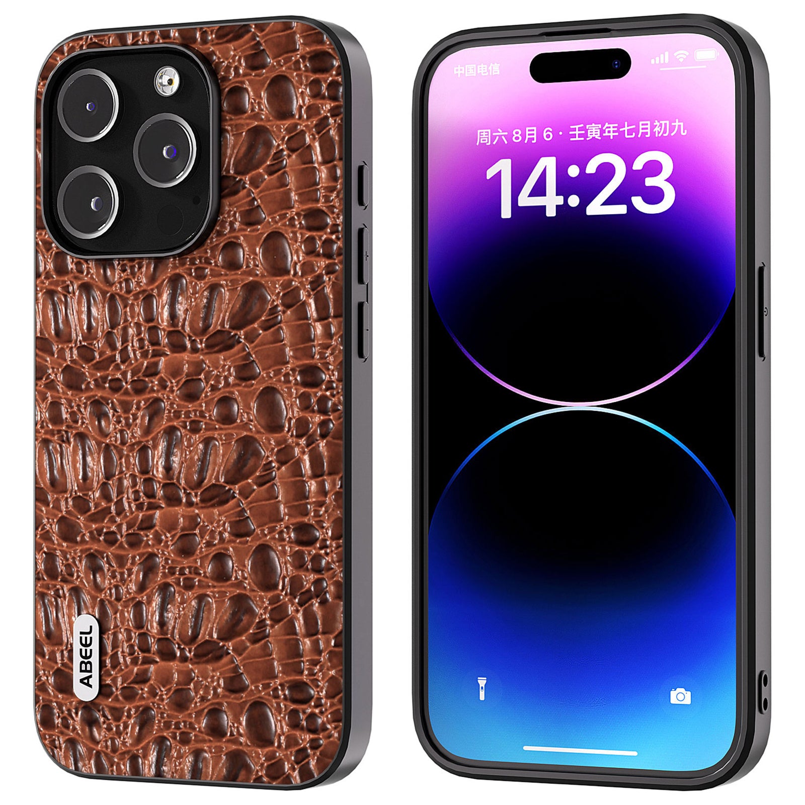 Uniqkart For iPhone 15 Pro Impact-Resistant Phone Case Genuine Cow Leather+PC+TPU Textured Cover - Brown