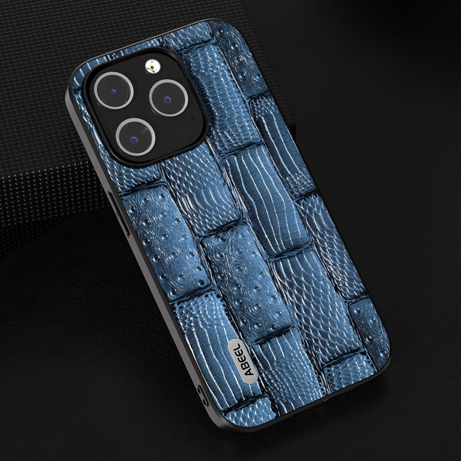 Uniqkart For iPhone 15 Pro Max Shockproof Cover Genuine Cow Leather+PC+TPU Mahjong Texture Phone Case - Blue