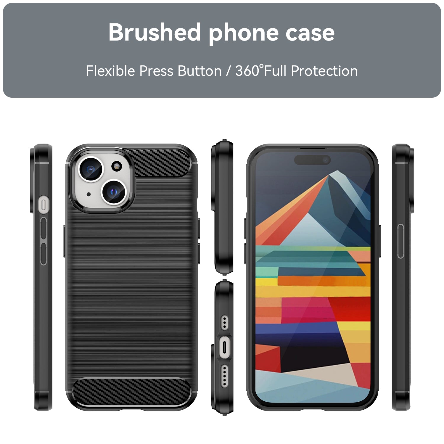 Soft TPU Phone Case for iPhone 15 , Carbon Fiber Texture Brushed Protective Phone Cover - Black