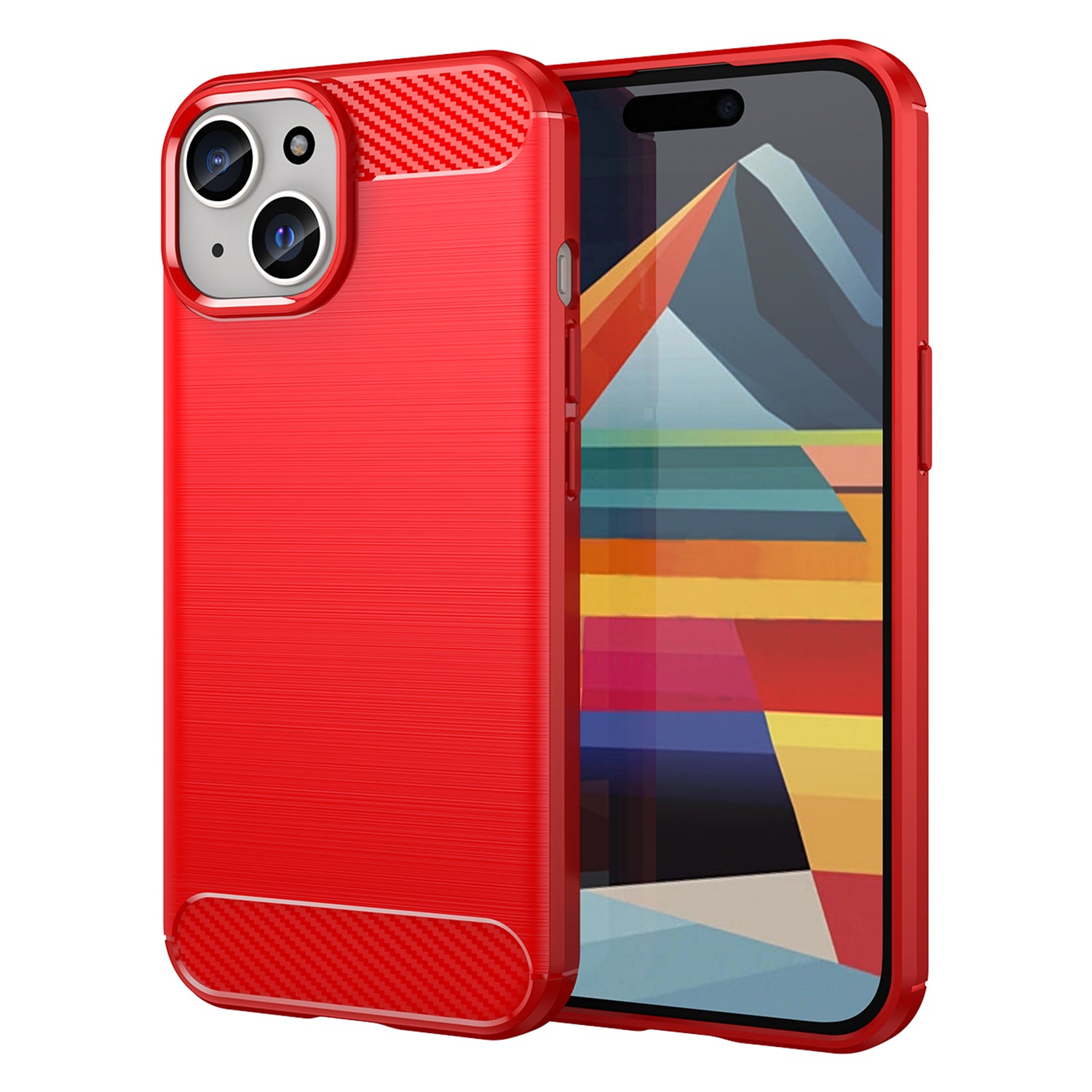 Soft TPU Phone Case for iPhone 15 , Carbon Fiber Texture Brushed Protective Phone Cover - Red