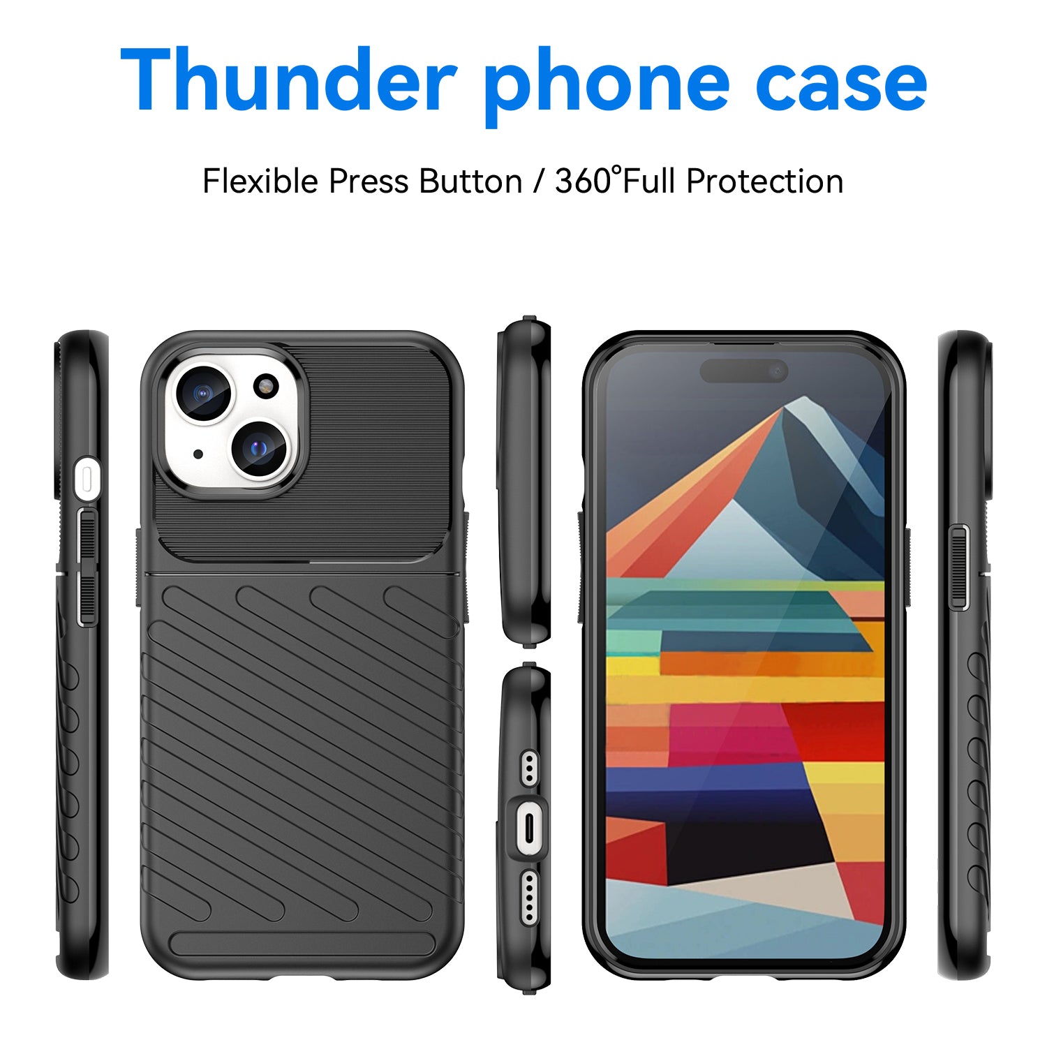 Thunder Series TPU Phone Case for iPhone 15 , Thicken Twill Texture Anti-drop Cover - Black